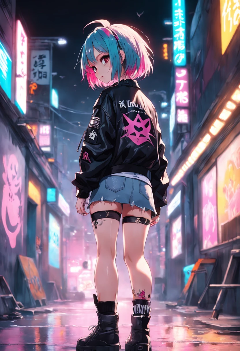 Rear view、1girl in, young woman with an edgy and rebellious look, striking features, strong gaze that demands attention, dramatic lighting with high contrast, depth of fields, with shadows that create depth and texture. multicolored prism hair, punk ((Pink)) Clothing, soft leather jacket, Ripped jeans, Short, Skirt, pretty and colorful kawaii tattoos with sparkles, full of piercings that add to her rebellious but cute look. Detailed background, with blurred objects on foreground, urban or industrial setting, with graffiti or other street art that reflects the girl’s attitude and style. The overall effect is、It is a bold and confident image that celebrates individuality and self-expression. The color palette is、Cute pastel colors in dark colors or black for contrast and detail.