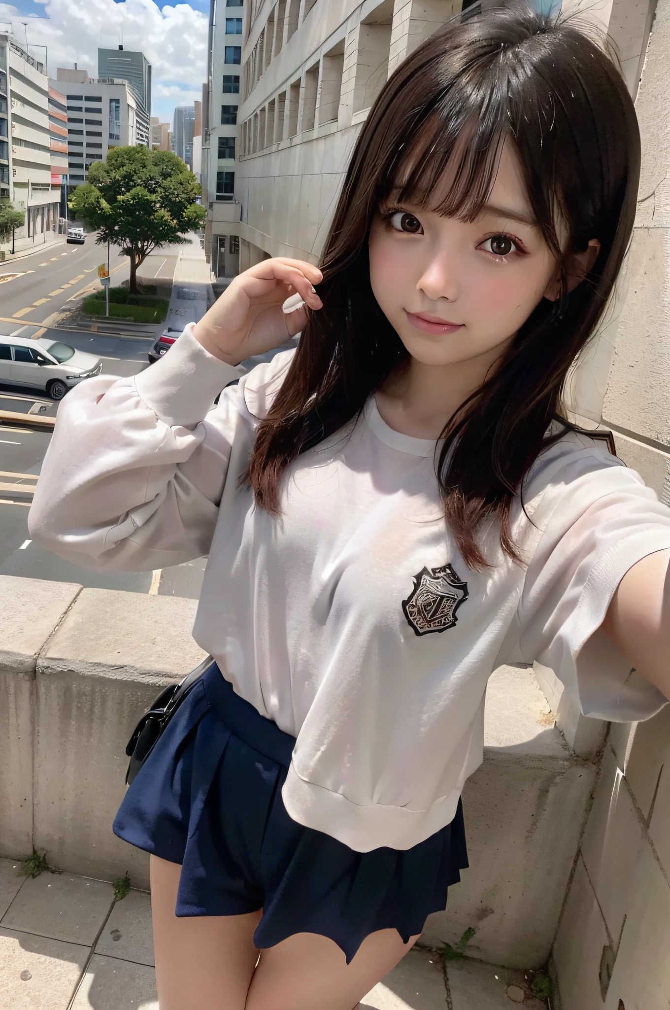 highest quality、8K、ultra high resolution、Super detailed face and eyes、Highly detailed face and skin texture、glowing skin、shiny skin、master piece:1.3、1 girl、A beautiful woman with slim abs as an accent、super detail face、delicate eyes、double eyelid、full shot、ponytail、短めponytail、20-year-old、brown hair、A sloppy smile、An embarrassed face、long sleeve、jeans、Erotic、Eroticチック、sexy、sexyポーズ、Bewitching、butt、Shooting from the side of the whole body、View from behind、city