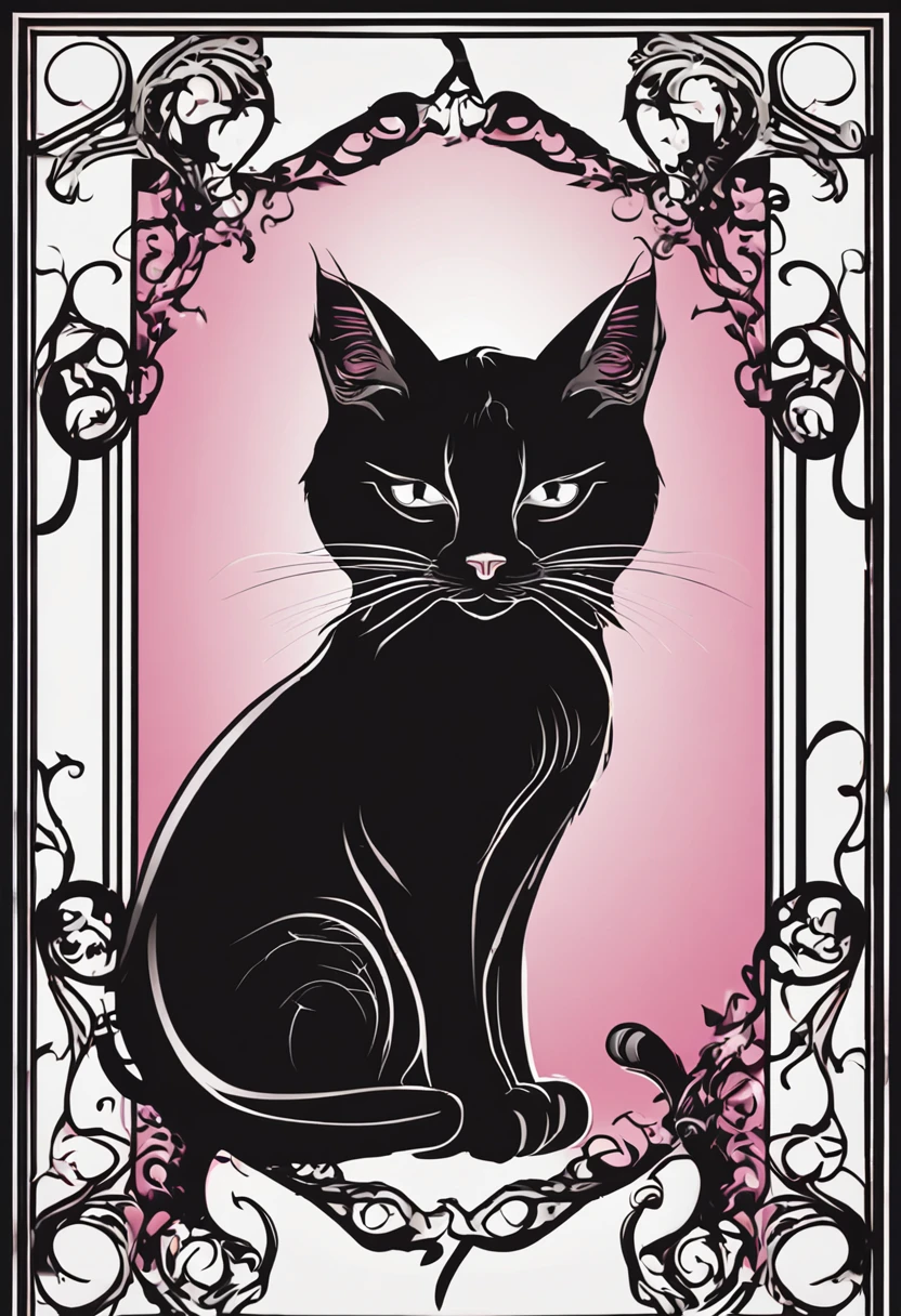 There is a black cat sitting on a decorative metal frame, moldura em filigrana, entwined hearts and spades, metal border, Backround preto. Inkscape, borda preta, borda de contorno branco, fronteira em filigrana, gothic harts, moldura rosa preta. d&d, Painel de arte vetorial para plasma CNC, arte vetorial para plasma cnc, design preto, Backround escuro, fake animal ears, light smile, ear blush, fang, Surrealism, drop shadow, anaglyph, stereogram, tachi-e, pov, atmospheric perspective, 8k, super detail, ccurate, best quality