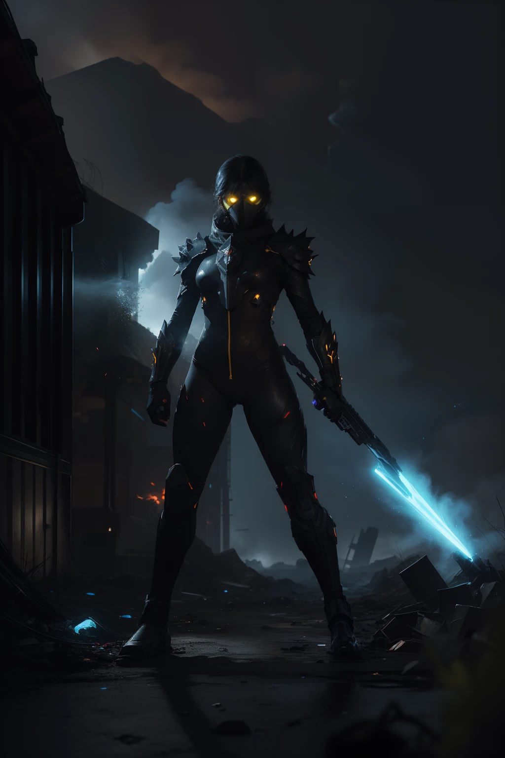 The protagonist stands at the forefront, exuding strength and determination. ((Adorned in a specialized anti-pollution suit)), they wield a weapon infused with ((elemental powers of purification)). Their eyes glow with an intense resolve as ((they confront a monstrous)), pollution-infused creature, ready to engage in an epic battle.