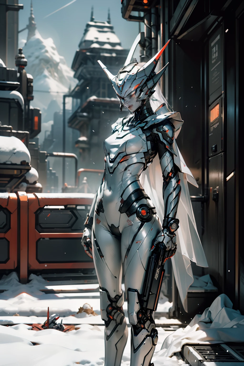 ​masterpiece、top-quality、hight resolution、cyberpunked、Real with creativity、White and red metal body、Slender woman、Beast Woman、Ultraman、snow-white body、(Stance:1.1)、Biomechanics、 Megacities of the future、Dramatic Lighting、Beam rifle in hand、