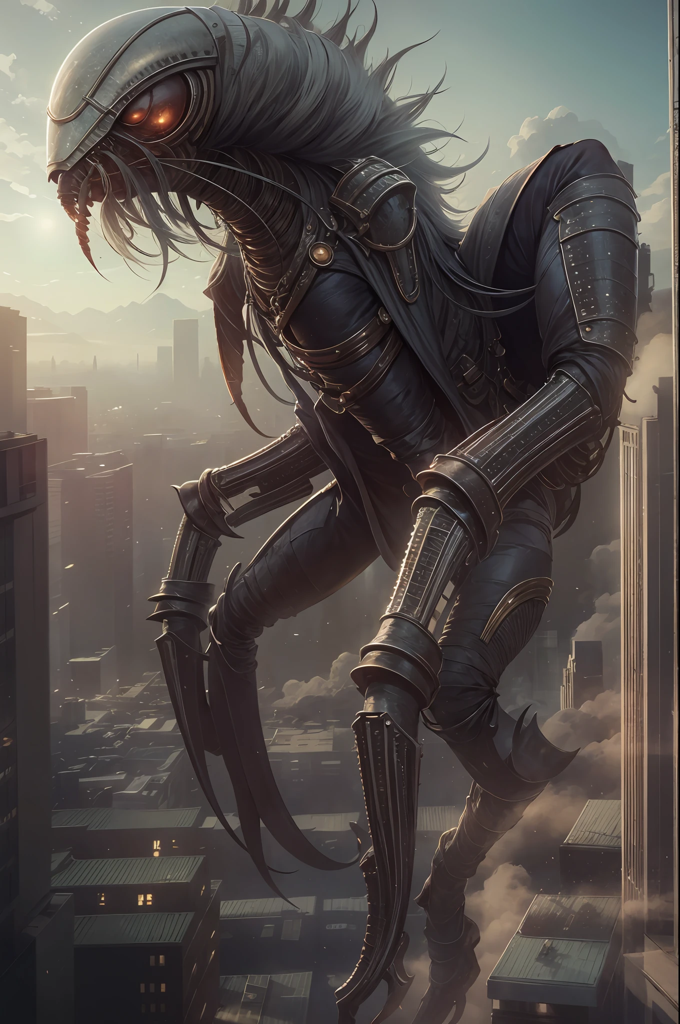 Invading aliens，Invasive insects，mkscorpion，A lot of hair is long，uncanny，blood vess，，Murderous，Full body like，combats，The city was destroyed，of a real，Facial features are carefully depicted，Realistic skin texture，Dark style，depth of fields，high light，Real light，Ray traching，oc rendered，Hyper-realistic，best qualtiy，8K，Works of masters，super-fine，Detailed pubic hair，Correct anatomy，sharp focus on eyes，Bokeh，Facial features are carefully depicted