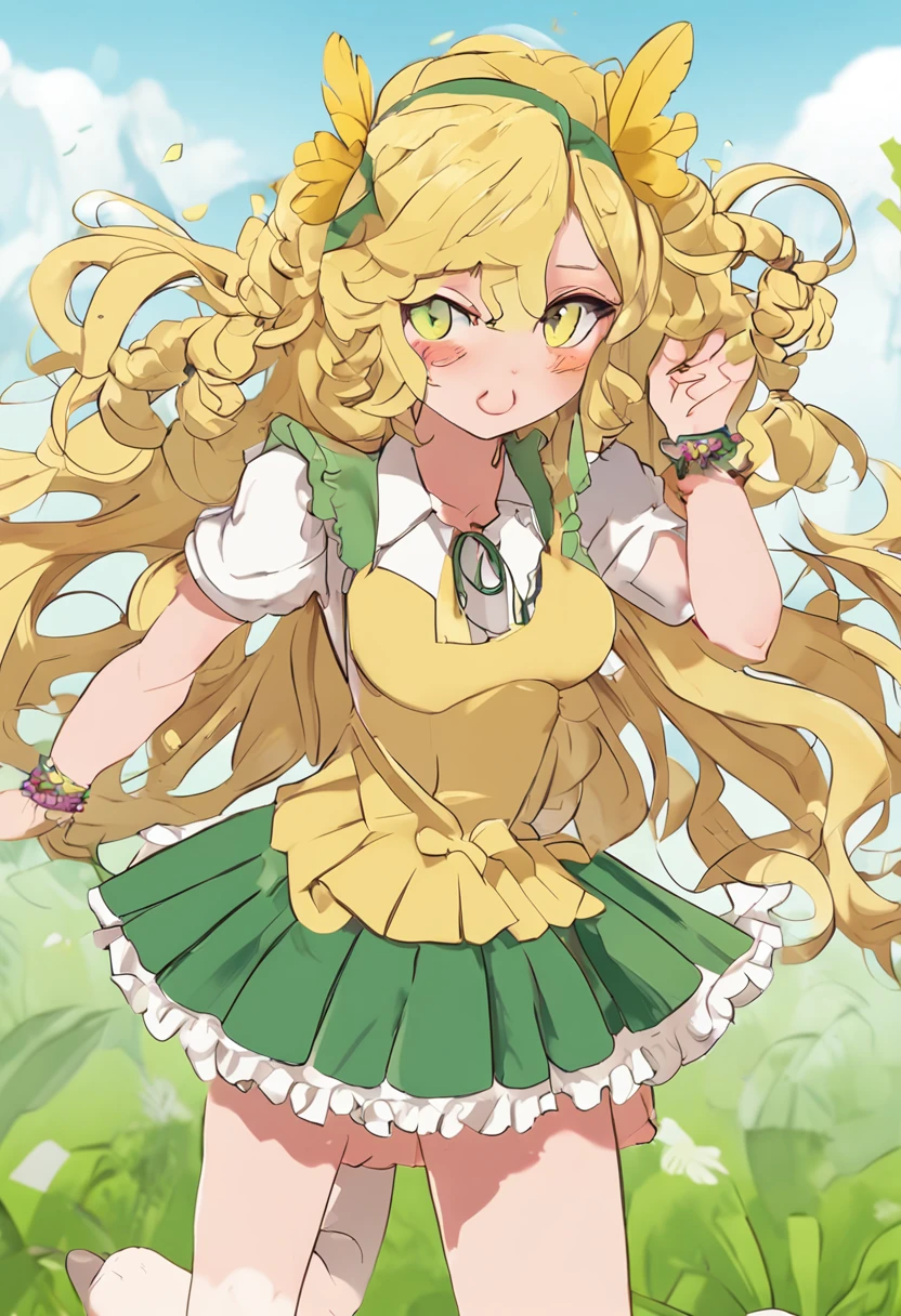 blond hairbl, Sunflower hair ornament,green skirt, Heart-shaped pupils, Yellow eyes,Shy, Kizi,sunflower background, nose blush, anime big breast, Anime style, shadowing, stereograms, character sheets, reference sheet, hyper HD, High details, High quality, 16k