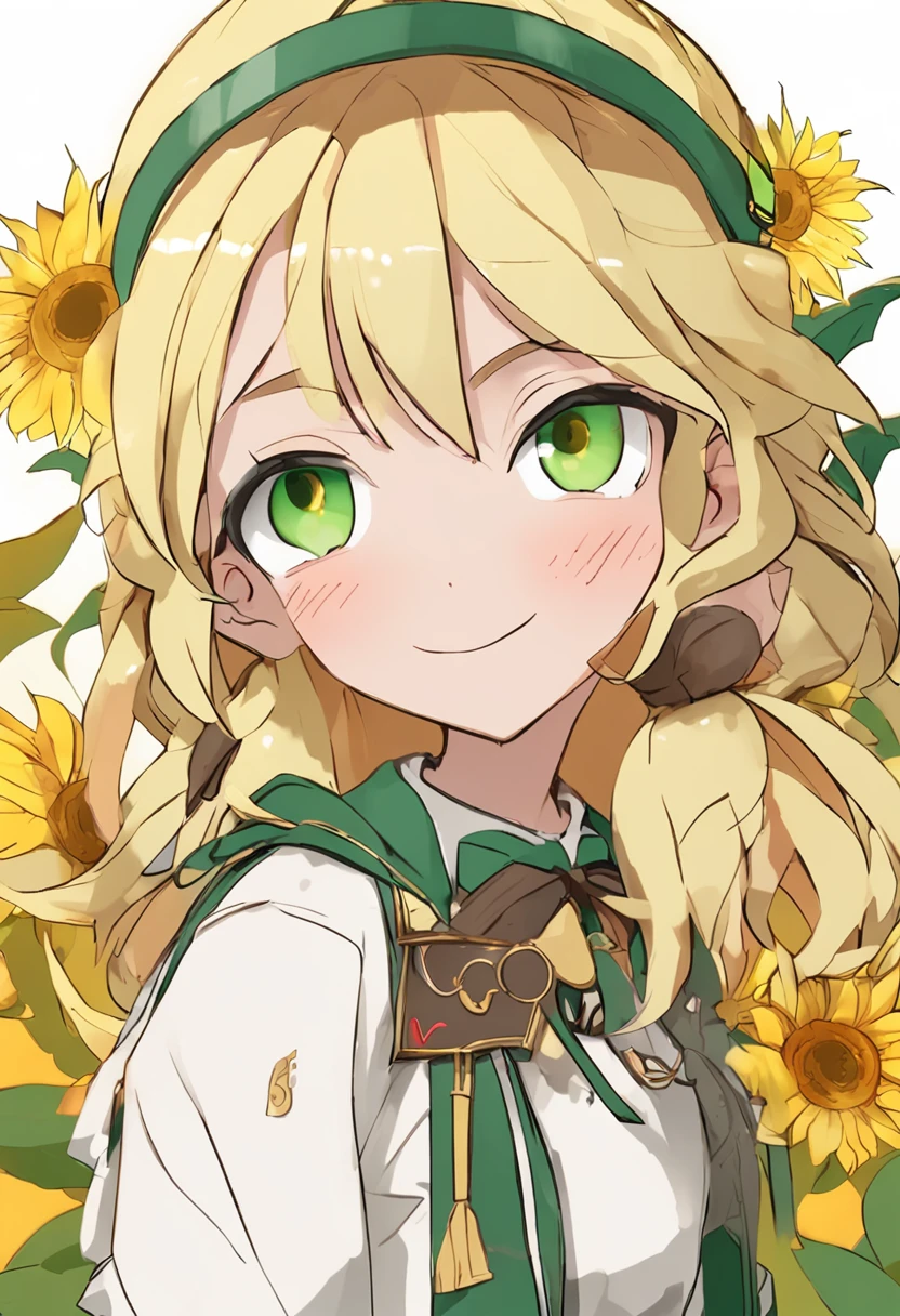 blond hairbl, Sunflower hair ornament，green skirt, Heart-shaped pupils, Yellow eyes,Shy, Kizi，sunflower background， nose blush, anime big breast, Anime style, shadowing, stereograms, character sheets, reference sheet, hyper HD, High details, High quality, 16k