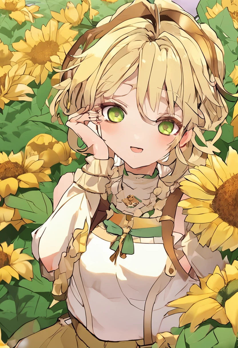 blond hairbl, Sunflower hair ornament,green skirt, Heart-shaped pupils, Yellow eyes,Shy, Kizi,sunflower background, nose blush, anime big breast, Anime style, shadowing, stereograms, character sheets, reference sheet, hyper HD, High details, High quality, 16k
