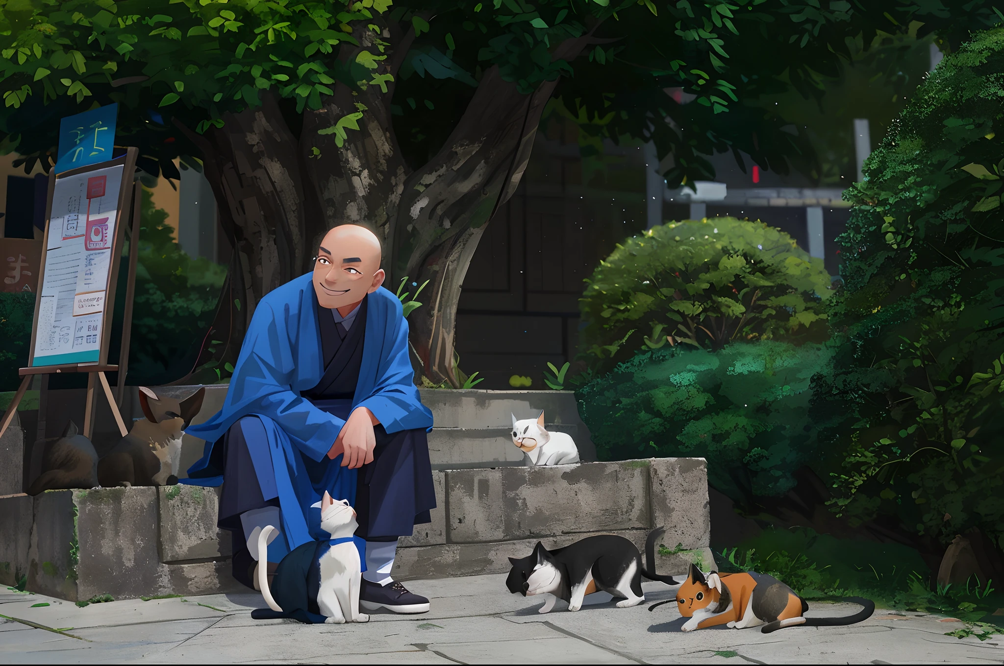 A bald man sits on the steps,Head tilted to one side,Is smiling,There are two cats on the ground,Taoist temples and monks, tabaxi monk, god of cats, author:Li Meishu, author:Shen Zhecai, bo xun ling, neko, author:Li Zai, daoshu, sunday, Taoist, author:Cheng Zhengkui, author:Wen Zhenheng