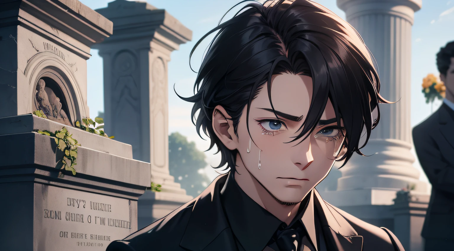Ridiculous resolution，A high resolution，（tmasterpiece：1.4），hyper-detailing，In the cemetery，Face the tombstone，Heirs of the consortium，A young man，In black suit，facial closeups，eye closeds，Cry，Shed tears