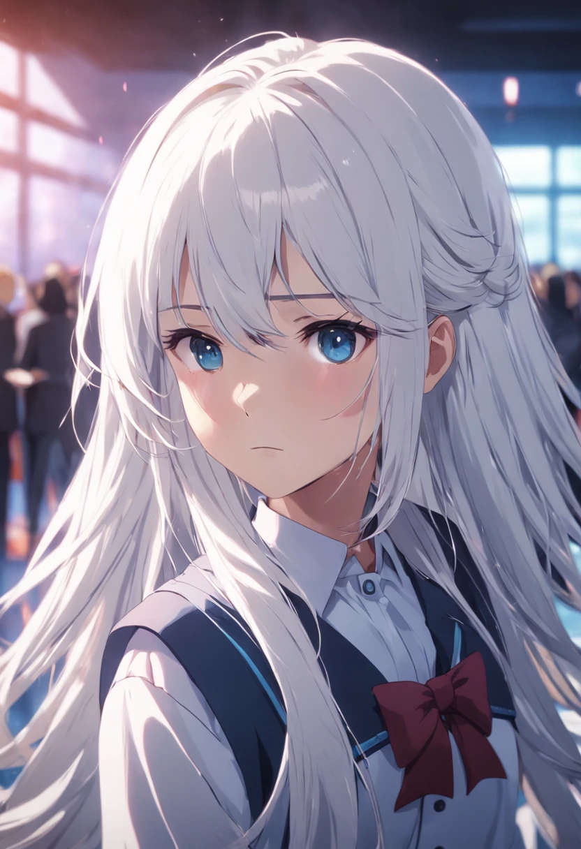 A girl with white gray hair, long hair, school uniform, in the classroom, close shot, blurred background, Romanticism, close-up, first-person view