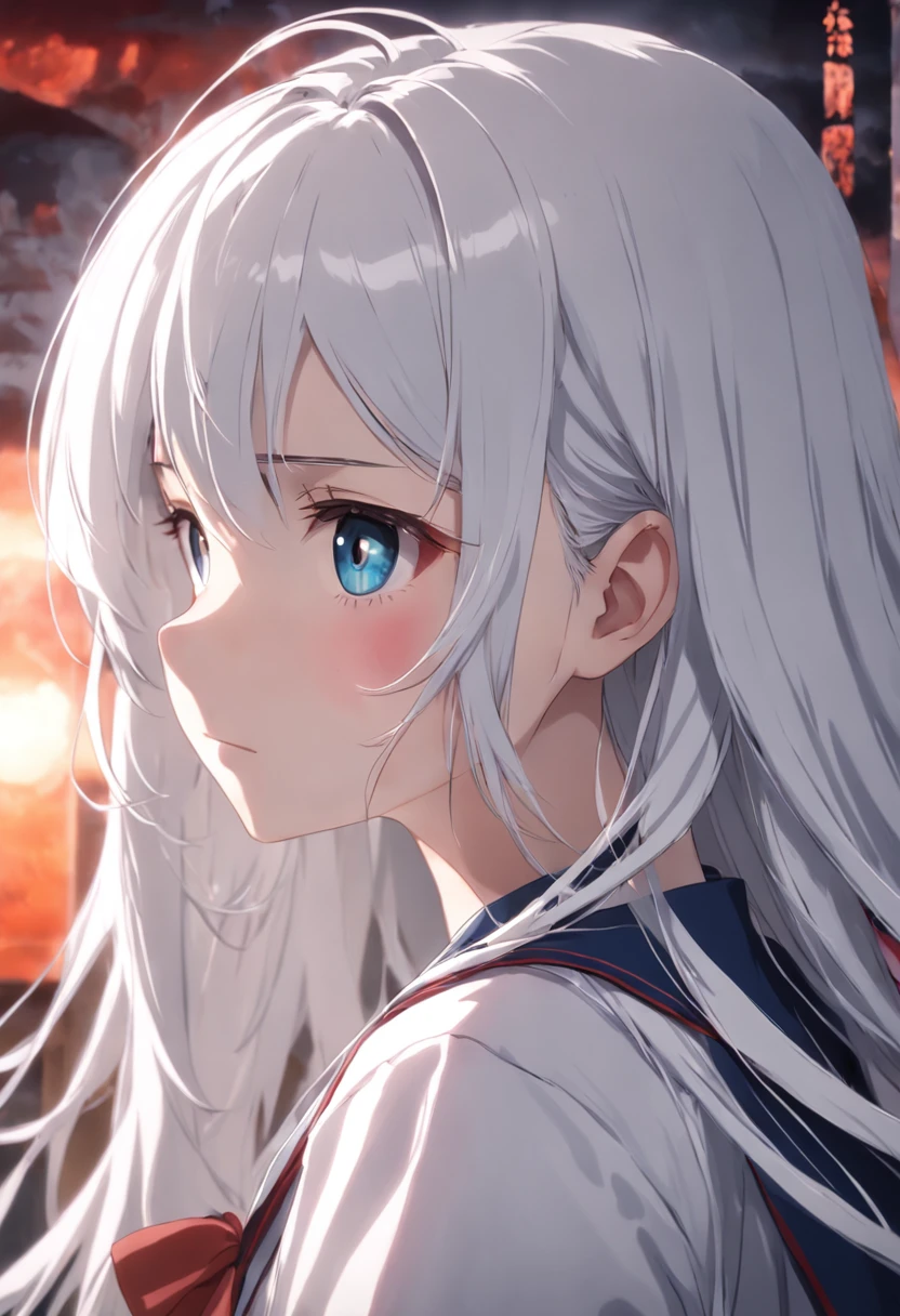 A girl with white gray hair, long hair, school uniform, in the classroom, close shot, blurred background, Romanticism, close-up, first-person view