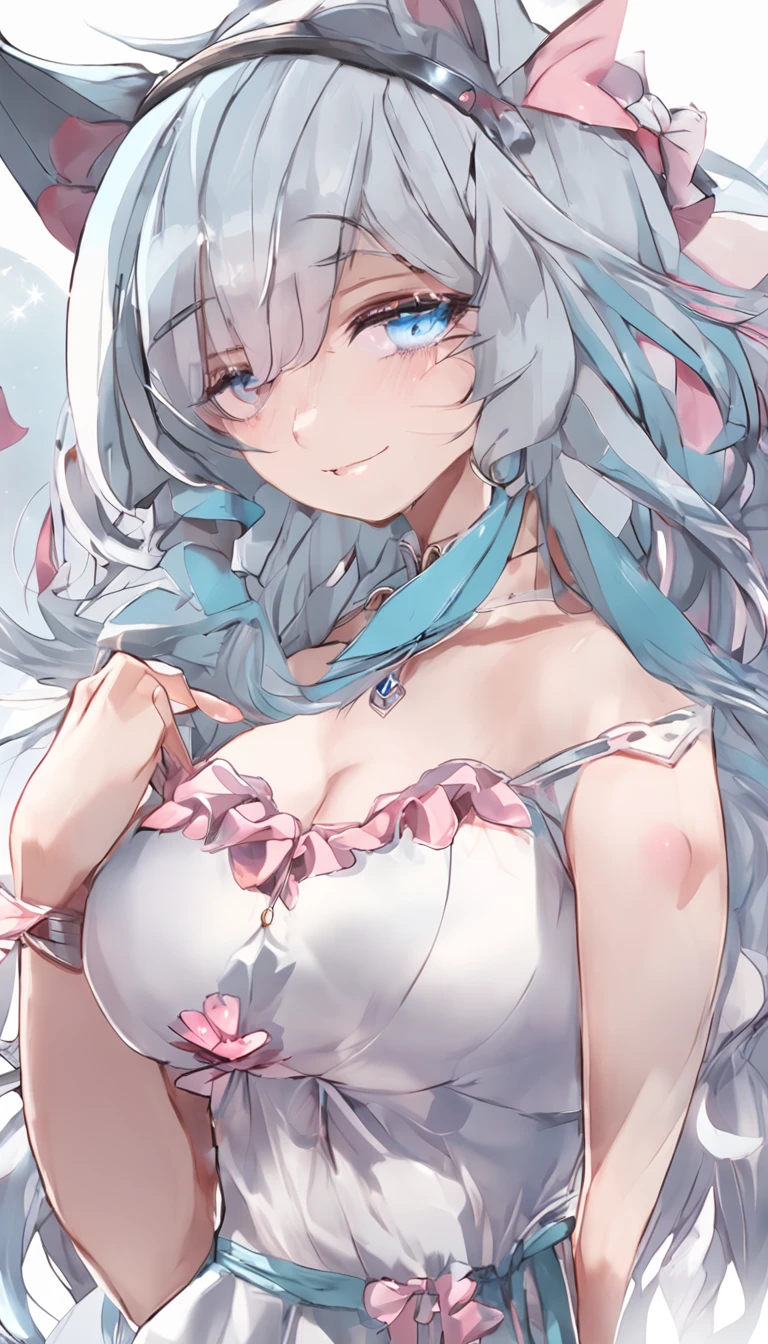 masterpiece, Great work, Daytime, Outdoor, Falling Flowers, White Dress, 1 Girl, Perfect Woman, Woman with long silver and white hair, Gray Blue Eyes, Pale pink lips, cold, Severe, Van, Purple eyes, White clothes, Black Apparel Line, Delicate face, Beautiful Face, Standing Bow, Tassel, The knot of happiness, smile,NSFW,pussy,breasts