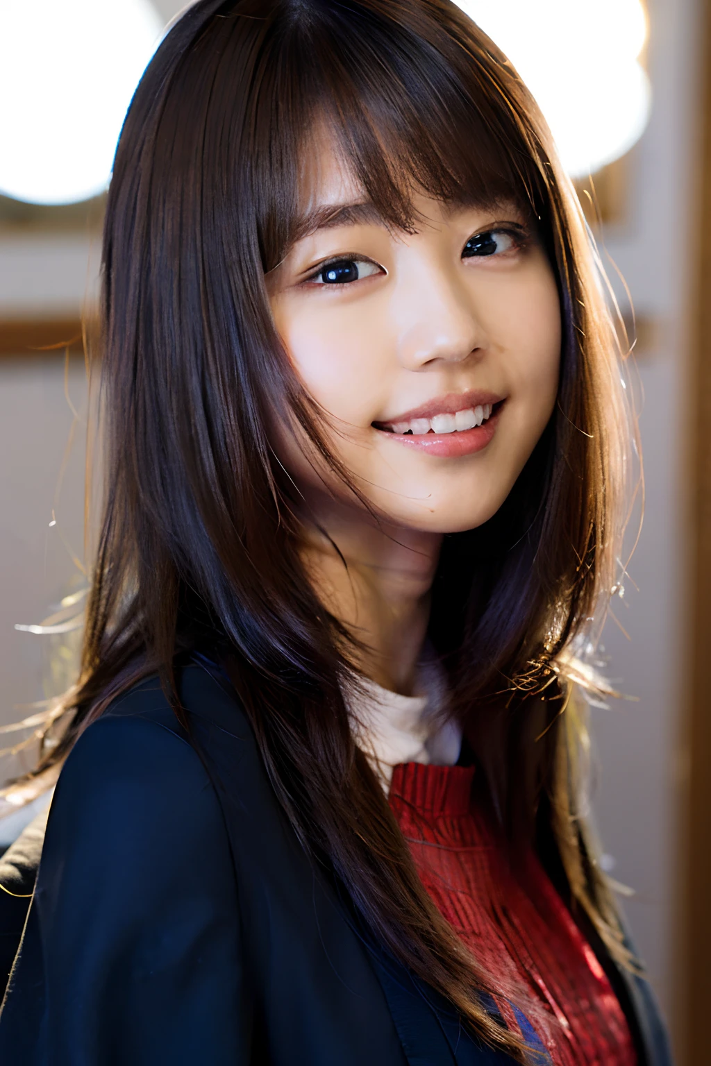 (8k, RAW photo, best quality, masterpiece:1.2), (realistic, photo-realistic:1.37), ultra-detailed, ultra high res,1 girl,looking at viewer,beautiful detailed face,smile,narrow,(slim waist:1.3),shirt, beautiful detailed skin, skin texture, floating hair,professional lighting,