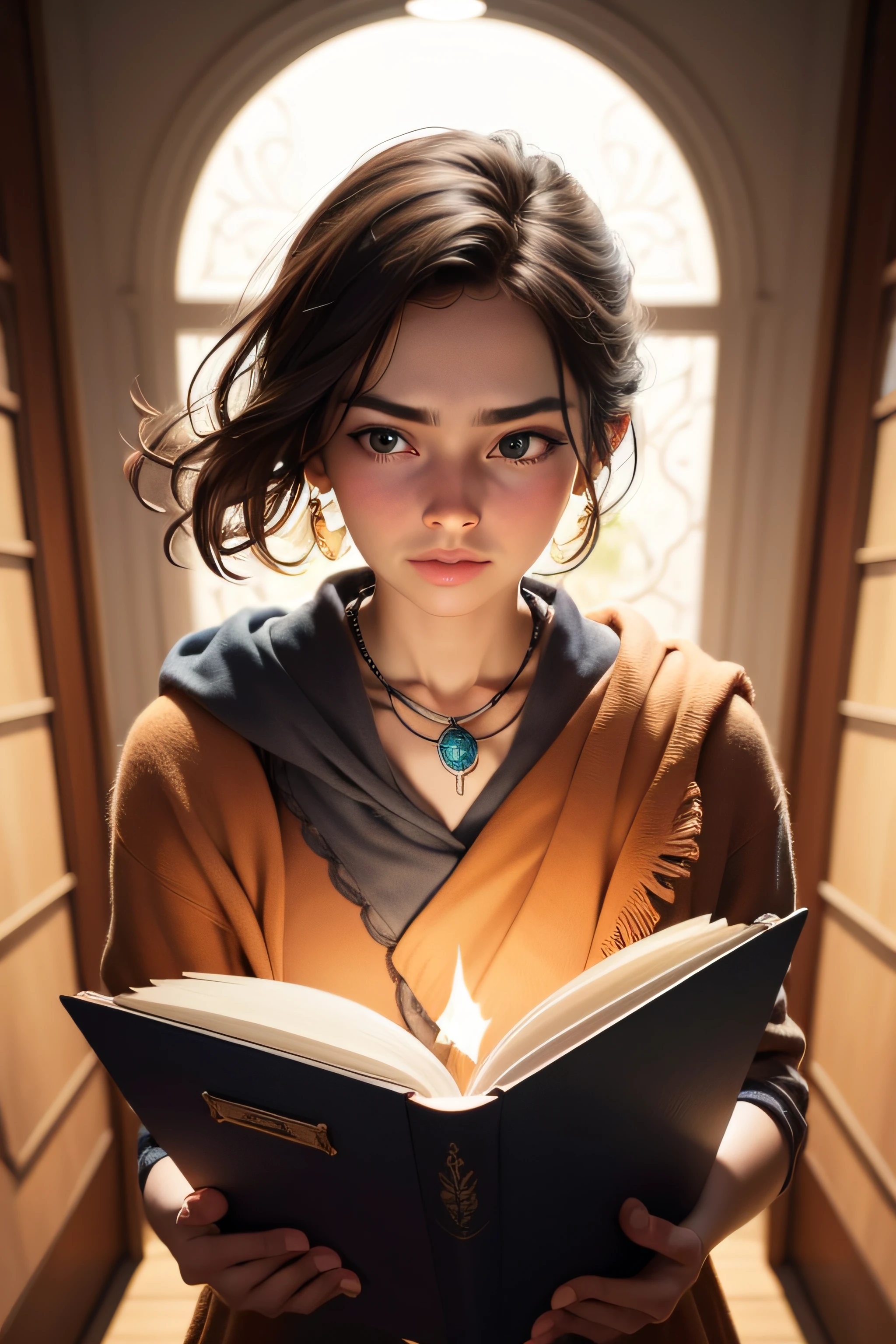 two hands opening a large book and from inside comes a very strong light with jewels coming out from inside, toda sala totalmente escura