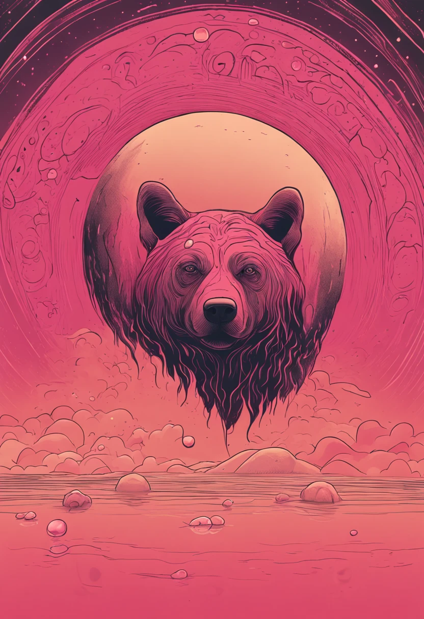 Empty space in pink and orange tones,There is a strange bear floating around, A floating dog, A spiral and many large golden stones float