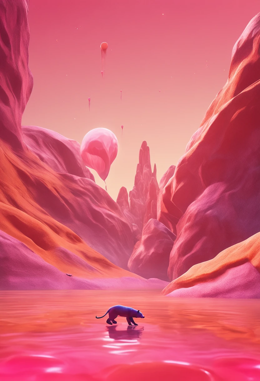 Empty space in pink and orange tones,There is a strange bear floating around, A floating dog, A spiral and many large golden stones float