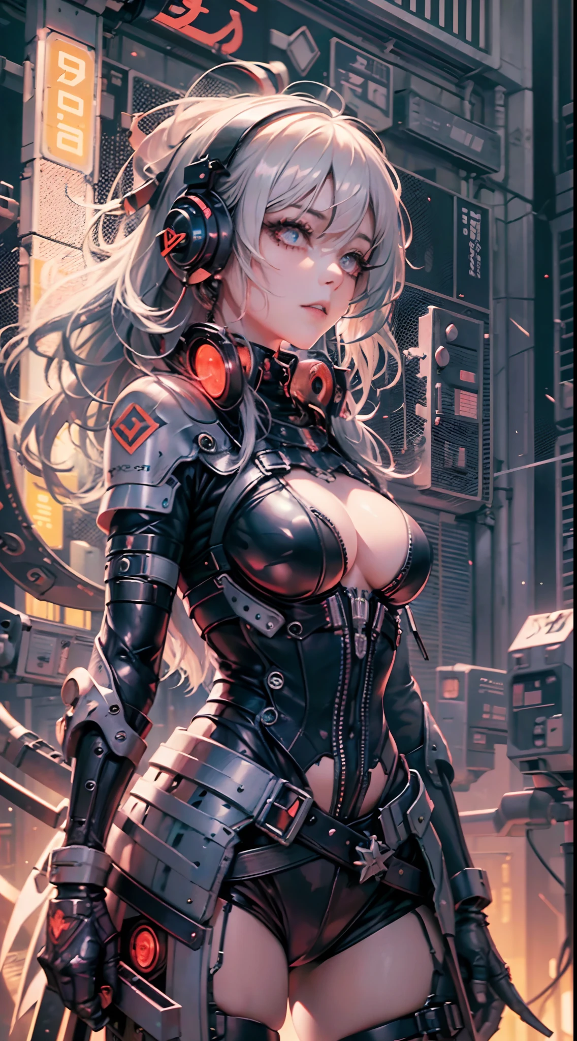 (1girl in)、(Plump beauty)、(White hair)、(30-years old)、(Top image quality)、(8K picture quality)、(cyberpunked)、(masutepiece)、 (Flickering of light)、(Wear a cyberpunk military uniform)(Carrying a sword on your back)、cinematric light, Cinema Shadow, Sharp Image, Extremely detailed, Volumetric, Bright sprites, particles effect, beautiful effects, Vivid colors, neons, Neon light, Highly detailed image textures, detailed hairs, Detailed eyes, city、Dark hair、Eyes glow、Sparkling red aura、Photo from the knee up、Legion of Machines、