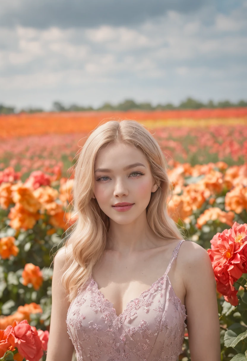 (masutepiece, Vivid portrait:1.3), (Seductive depiction of blonde woman in flower garden:1.2), (Canon EOS 5D Mark IV Camera, Famous for capturing vibrant colors and rich textures:1.2), (Paired with Canon EF 35mm F/1.4L II USM lens for versatile compositions:1.2), (Flowing, voluminous blonde hair caught in the breeze, Adding dynamism:1.1), (Glowing blue eyes reflecting the shade of the sky:1.1), (A perfect face that exudes perfection:1.1), (Knee-length sundress full of kaleidoscopes of colors:1.1), (Her cheerful smile radiating pure happiness:1.1), (Playful movements of the dress to capture the light:1.1), (A mix of wildflowers to create a vibrant backdrop:1.1), (Sunlit fields depicting a joyful atmosphere:1.1), (The sensor of the camera is、Captures the intricate texture of her hair and fabric:1.1), (Lenses that highlight her seductive smile and vibrant outfit:1.1), (A moment to capture carefree joy in nature:1.1), (The synergy of color and emotion in one frame:1.1), (Portrait capturing the essence of the radiant spirit in a blooming landscape:1.1)、One lady、bustup、full bodyesbian、huge tit、