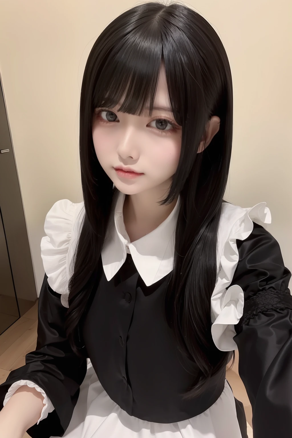 top-quality、8K、32K、masterpiece、nffsw:1.2)、1girl in、One girl with long hair、1 Beautiful Japan Woman、A dark-haired、Heavy bangs、long sleeved shirt、length hair、Maid Uniform、gargantilha、maid clothes、