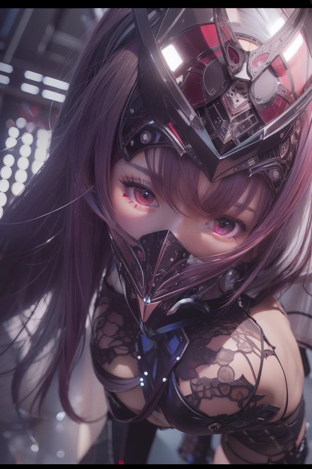 a japanese girl、cybernetic、Costume with metallic sheen、Maroon hair、Thigh exposure、 Detailed skin texture, Detailed Cloth Texture, beautifull detailed face, perfect buttocks、(Transparent Panty House), Intricate details, ultra-detailliert, Cinematic lighting, darker shadows.