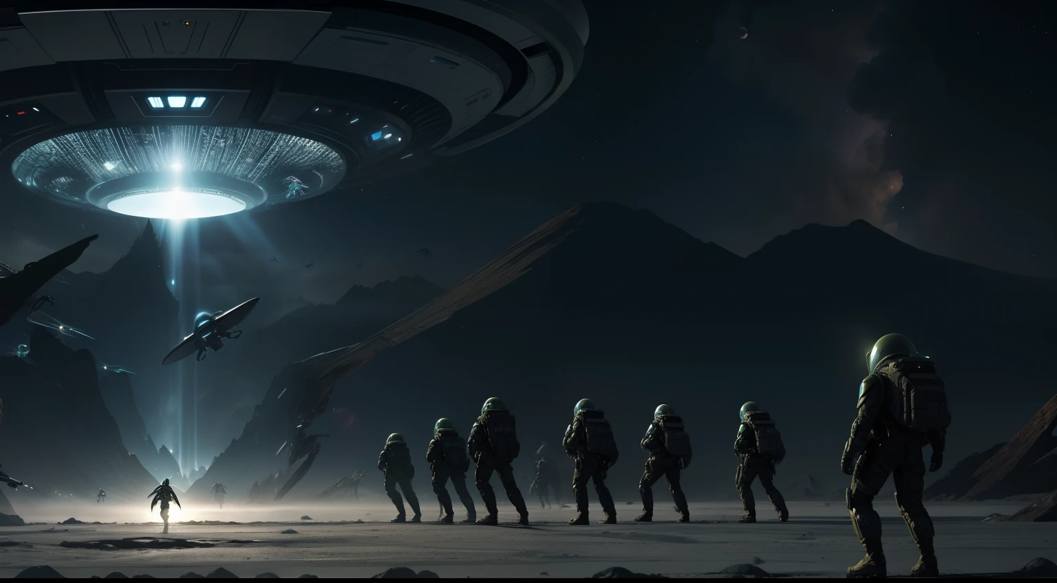 (many Alien soldiers) 、Fly over a group of creature-like aliens, Alien creatures scattered around, Aliens invading Earth, UFO Aliens, Alien invasion, Alien Form, Aliens in the background, Extraterrestrials reach for him, Alien battles in space, Mutants roaming in the evening, Alien environment, Alien Army, alien landscape,