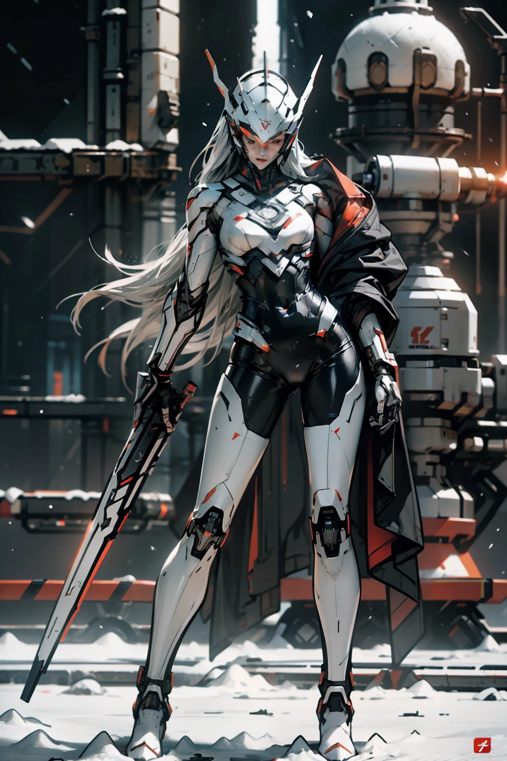 ​masterpiece、top-quality、hight resolution、cyberpunked、Real with creativity、White and red metal body、Slender woman、Beast Woman、Ultraman、snow-white body、(Stance:1.1)、Biomechanics、 Megacities of the future、Dramatic Lighting、Beam rifle in hand、