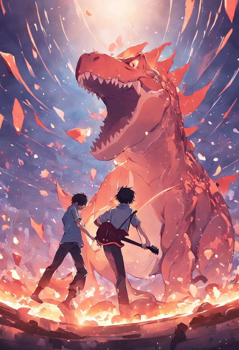 imagine o design do adesivo em fundo branco, T-Rex playing guitar, flat illustration style