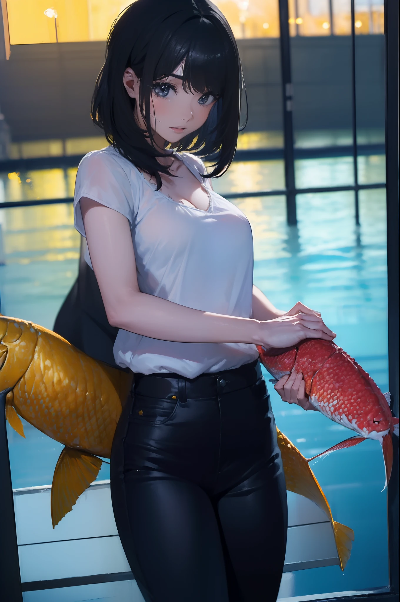 ((((Catching a big fish by the lakeside:1.5)))),((Female 28 years old)),((Best Quality:1.5)),(((Hands with the correct number and structure of fingers:1.4))),((Big fish:1.37)),hight resolution,ultra-detailliert,masterpiece,best qualtiy,Eight-headed body,Black hair, long eyeslashes, Solid Circle Eyes, drop shadow, Atmospheric perspective,Super Detail, ccurate, small brest,(Black jacket and black jeans :1.1),top-quality, blurry backround, bokeh dof:1.2, (masterpiece:1.3), Atmospheric perspective,Super Detail,dynamic compositions,top-quality、Very beautiful CG、finely detail、