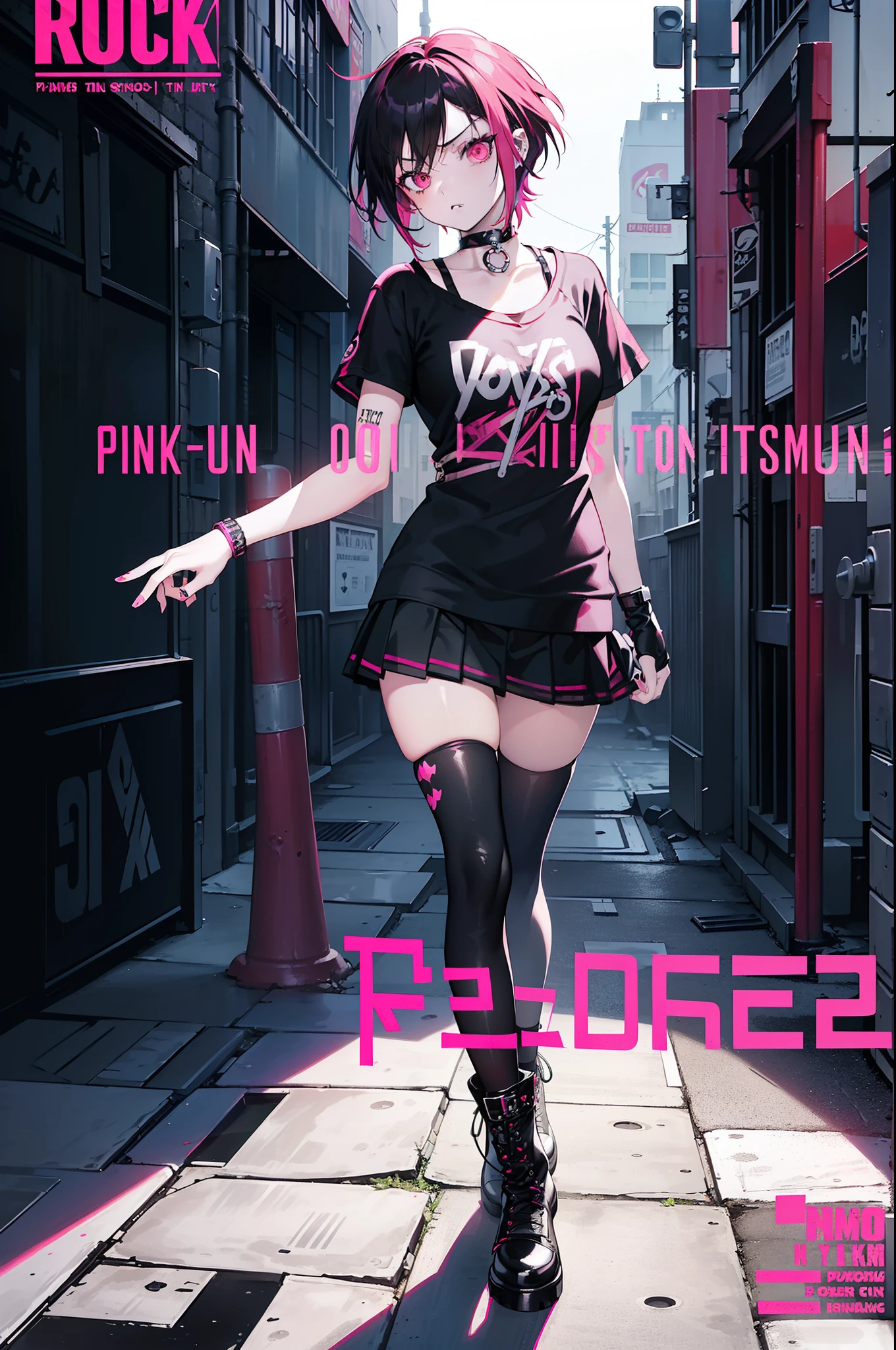 dynamicposes、legs spread out、cyberpunked、Colorful Bob Hair、(Nurse Cap)、(magazine:1.3), (cover-style:1.3),Hands behind the head、( eye glasses、zippers、)、(Shiny body:1.1)、(FULL BODYSHOT)、thigh high boots、A smile、((Cosplayer Enako))、((masterpiece))、