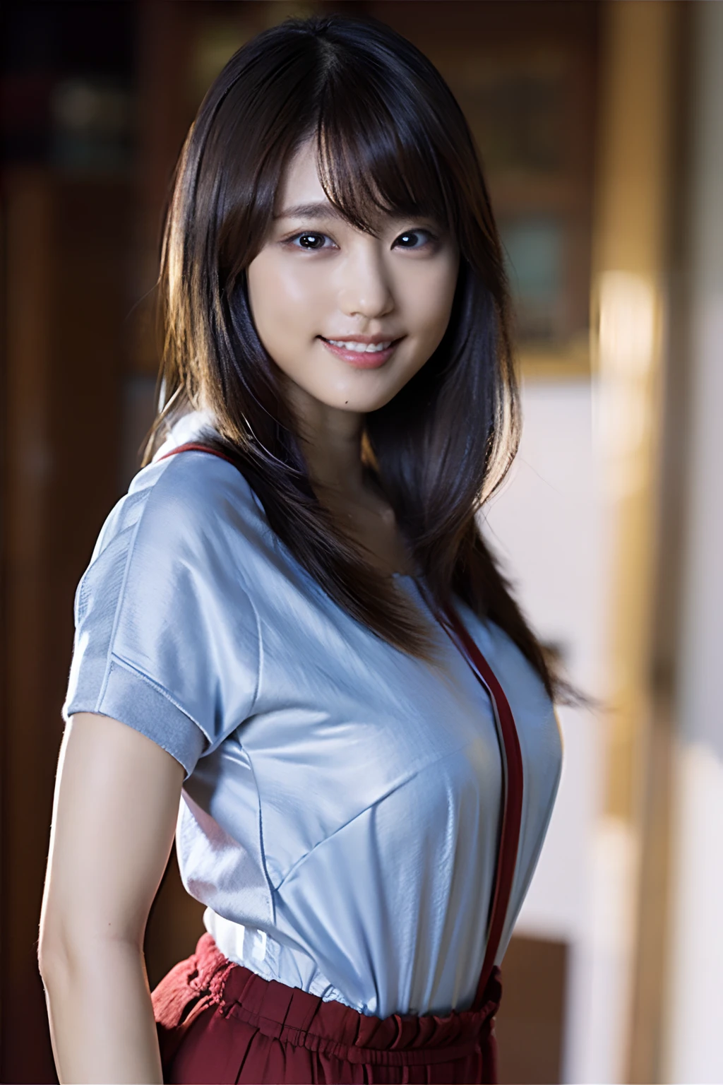 (8k, RAW photo, best quality, masterpiece:1.2), (realistic, photo-realistic:1.37), ultra-detailed, ultra high res,1 girl,looking at viewer,beautiful detailed face,smile,narrow,(slim waist:1.3),shirt, beautiful detailed skin, skin texture, floating hair,professional lighting,