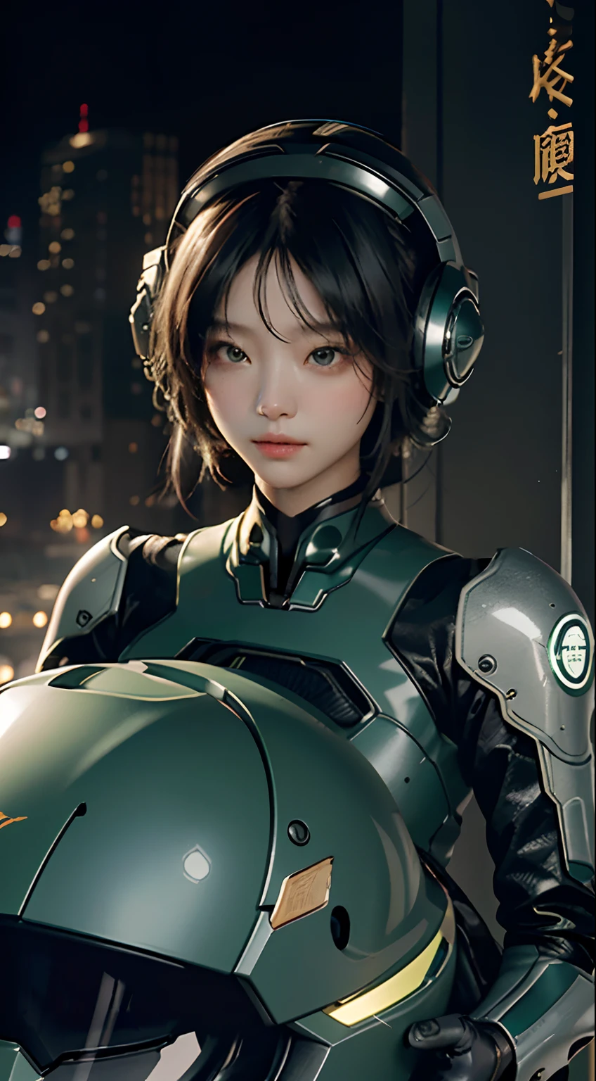 Highest image quality,Outstanding details,超高分辨率,Fidelity1.4,The best illustration,Favor the details,Highly cohesive 1girl, Delicate and beautiful, Black-green mech, Mech helmet, Orientation controller, the motorcycle, Future urban high-tech lighting scene。