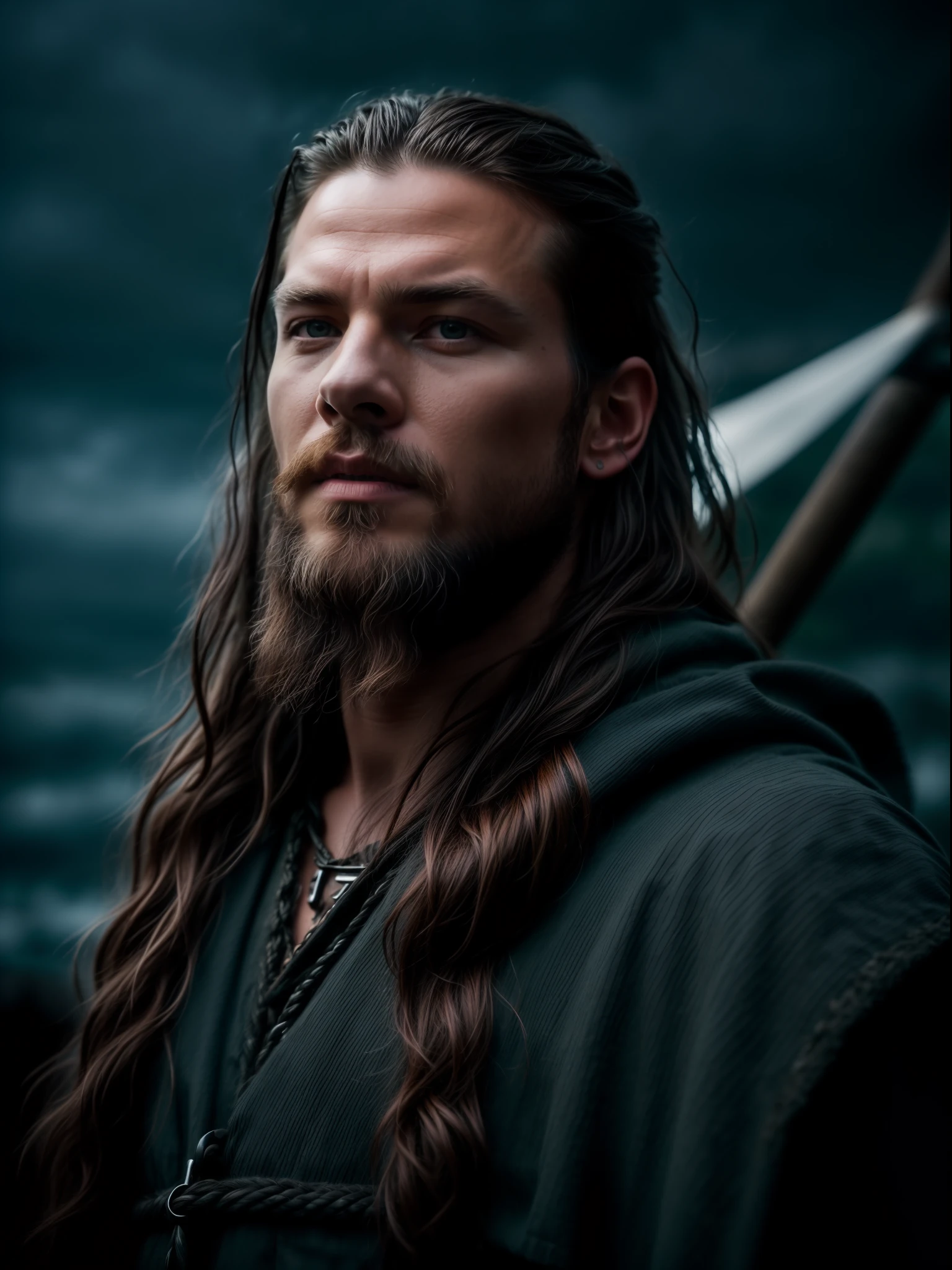 Realistic 8k image of Ivar the Boneless (with black hair) onboard a viking longship, ((low angle hero shot)), (Upper body closeup), show Ivar navigating treacherous waters, Ivar is navigating his crew, show Ivar commanding the ship crew, this scene will be dark and scary, highlighting Ivar the Boneless sailing on treacherous waters, dark tones with moonlit seas, dark and intimidating atmosphere like Viking series colour tone, ((sharp focus on portrait)), (balanced composition), high quality and realistic image, cinematic style, ((Best quality, 8k, Masterpiece), rough face, detailed skin, masterpiece, professional photography, (high detail:1 1), natural skin, (detailed face and eyes), (face: 1 2), noise, real photo, film photography, high resolution, 8k, realistic, 8k UHD, SLR camera, high quality, film grain, (Fujifilm X-T20, Fujifilm Fujinon XF 50mm f/2 R WR lens, Lens focal Length 50mm, Shutter speed 1/300 sec, APERTURE: 2, ISO: 80), volumetric lighting, dark background, dark fantasy, highly detailed, sharp focus, shallow depth of field, bokeh, blurry background, high contrast, contrast lighting, (dim colours), exposure blend, (dusty:1.3)