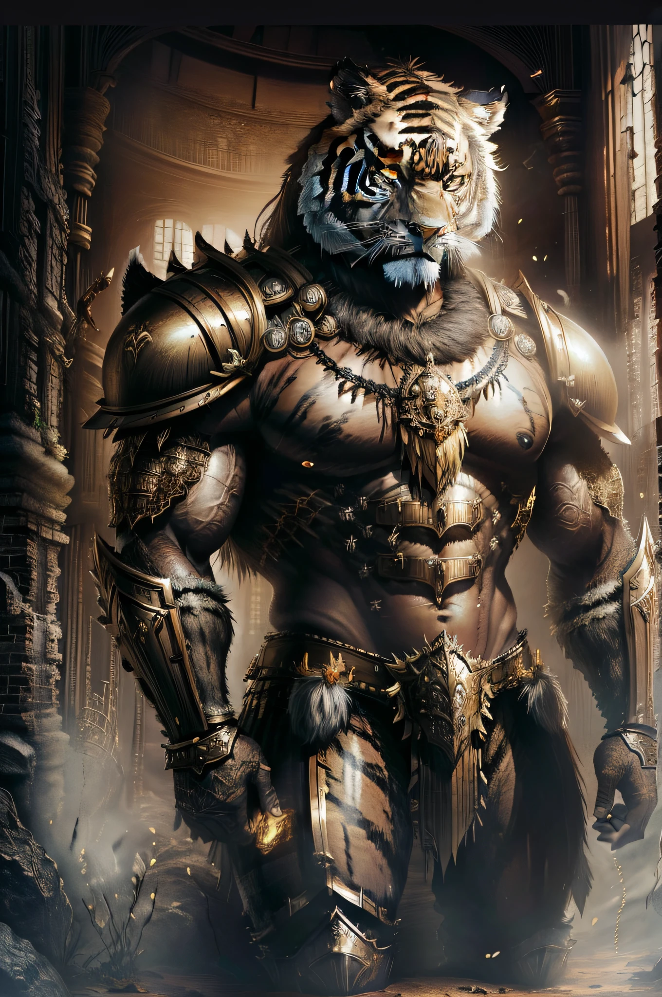 Tiger warrior in armor, Burly body, Show tiger face, Tiger face,No mask, No helmet, Rough armor, Tiger Beast, Wearing tiger armor, heavy gold armour. Dramatic, Anthropomorphic tigers, awesome armor, intricate armor, Very strong clothing armor, Tiger warriors, Detailed fantasy armor, Fantasy armor, Black gold armor, Golden armor