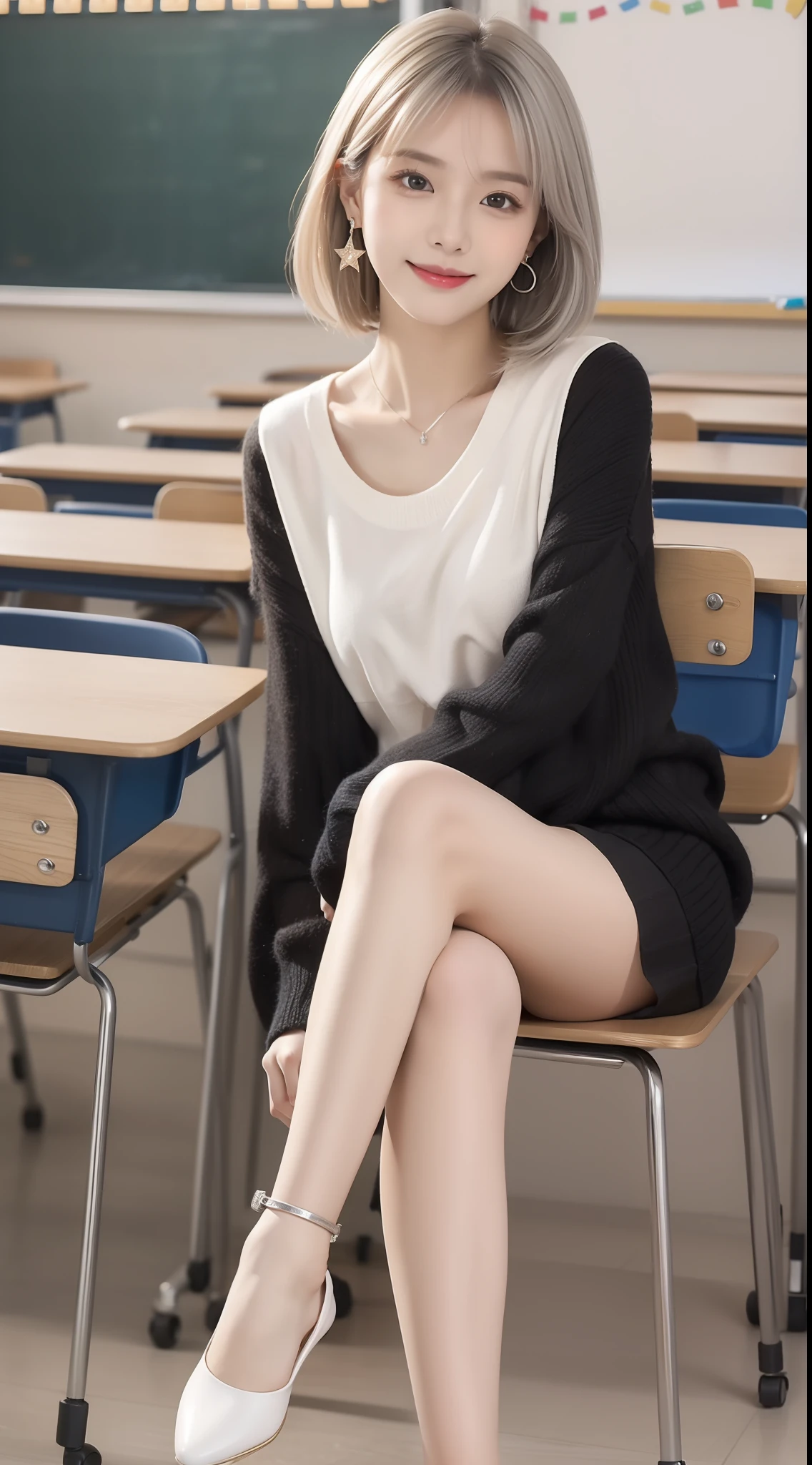 Female star 1.5,(true to life,Photorealistic 1.5),((best qualtiy, 8K, tmasterpiece:1.3)),SLR camera (二重まぶた,largeeyes:1.3),(smile1.5),(Full body photo 1.5)(One person 1.5)Clear focus 1.2, Perfect body beauty:1.4 , Delicate skin1.1,(Short silver-white hair 1.6),(Fashion watch 1.4),(Pure desire 1.3)(Black pantyhose 1.5)(The leg length is 1 meter 21.5),Slender legs,Slender legs,White shirt,Black sweater,pleatedskirt,With earrings,bangle,Classroom,sit on chair