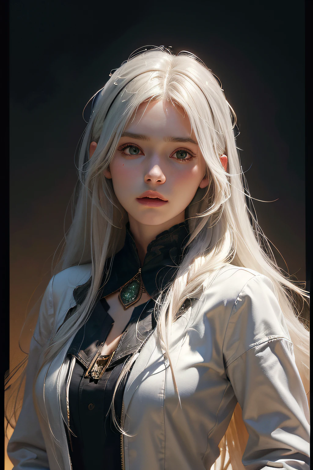 Hyperrealist portrait of female by david hockney and alphonse mucha,fantasy art, photo realistic, dynamic lighting, artstation, poster, volumetric lighting, very detailed faces, 4 k, award winning,, 1girl, in the dark, deep shadow, low key,cowboy shot,(official clothing:1.4) ,long hair,white hair,
