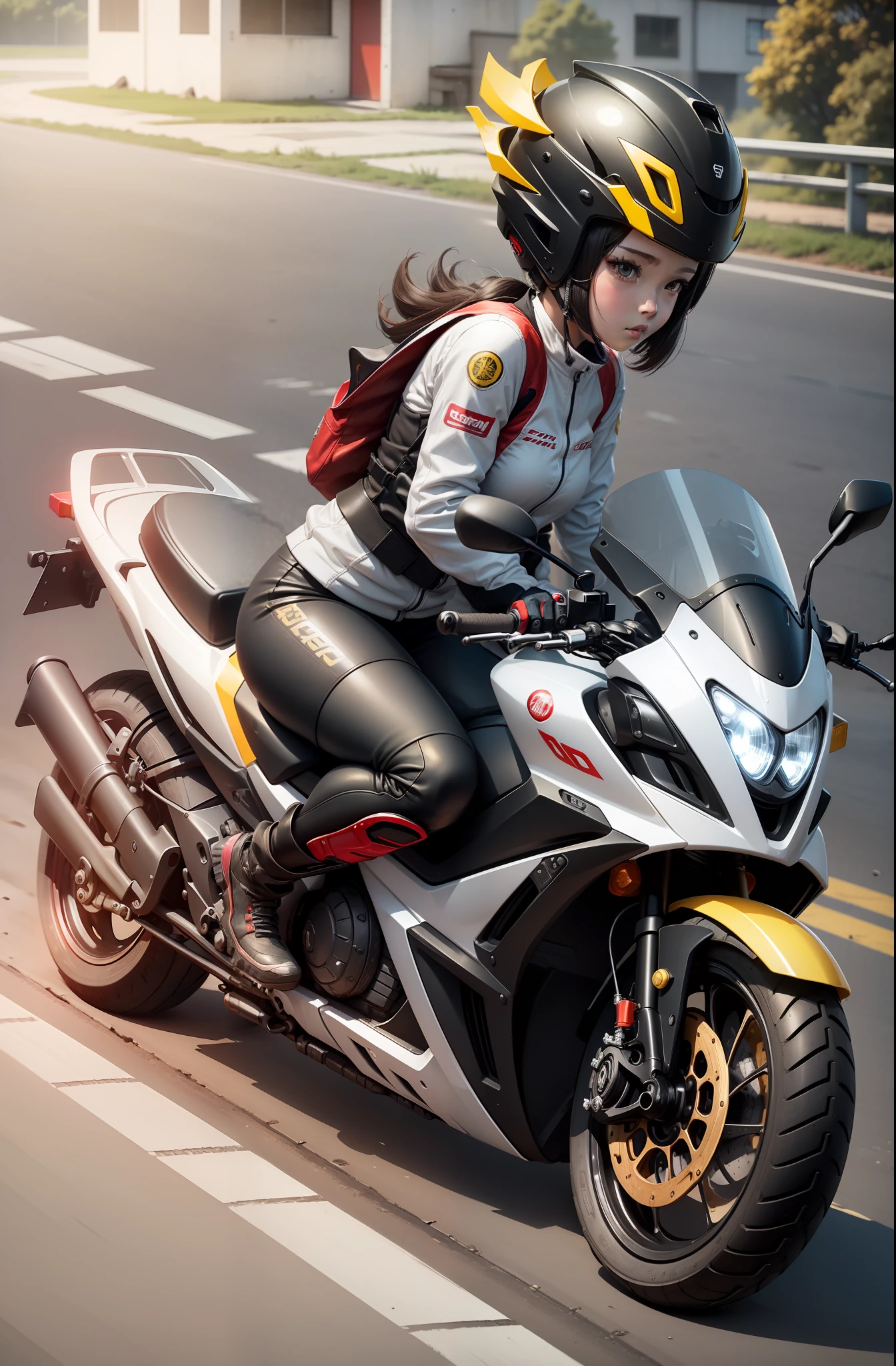 Tires as block tires、 Girl straddling scooter with off-road undercarriage、 Red and black scooter、 Girl in racing suit、White and gray and golden helmet、 HONDAADV150scooter、 Bike in red and black livery、 You don't need a face in a motorcycle light、 Red Bike、Off-road tires