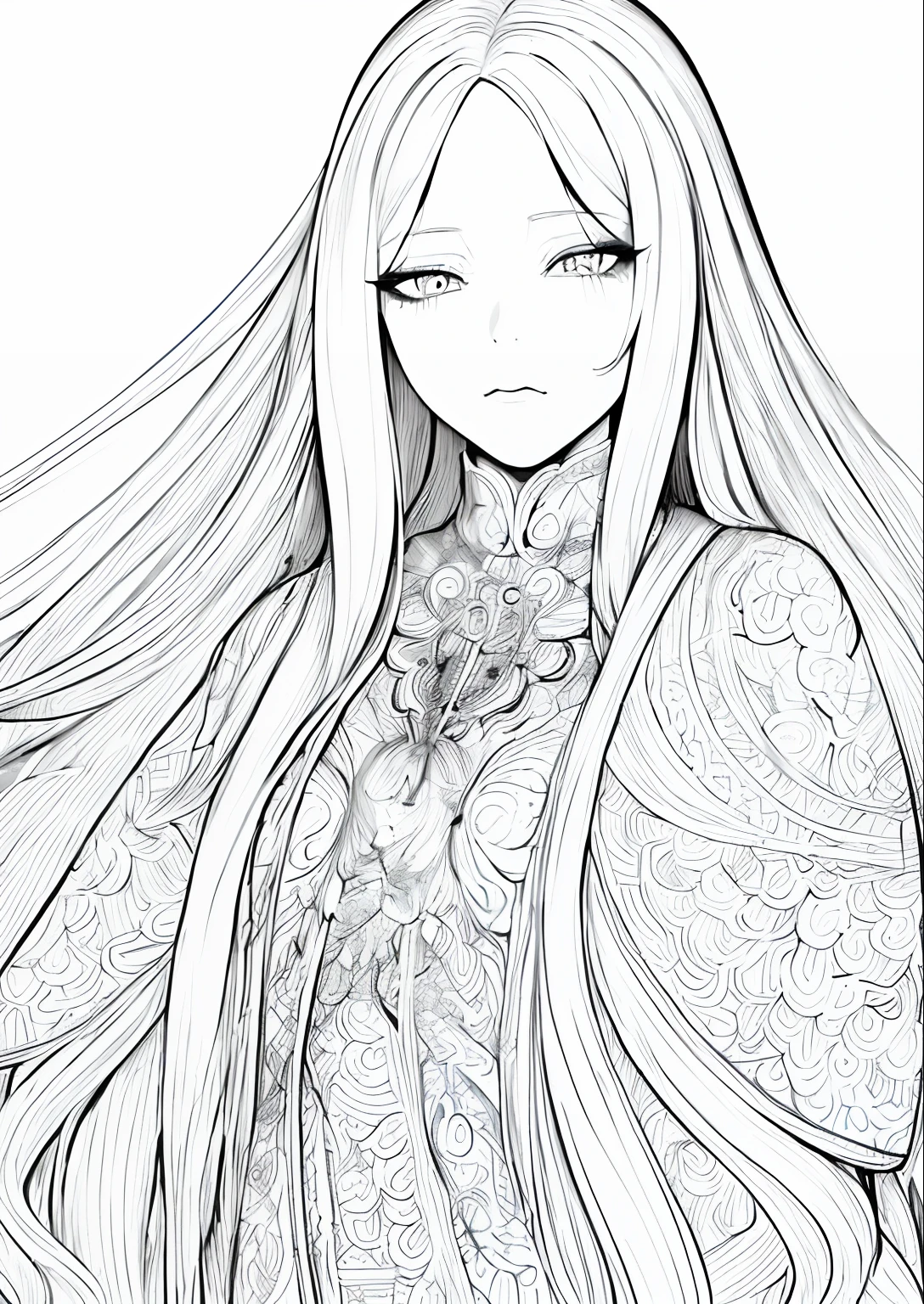 1girl (adult woman:1.2) witch (very_long_hair, white_hair:1.3) (portrait:1.3) yakuza, ganster (coloring book, masterpiece, realistic:1.3), (extremely intricate:1.2), (sketch, doodles, monochrome, lineart:1.2) (by WLOP:1.3)