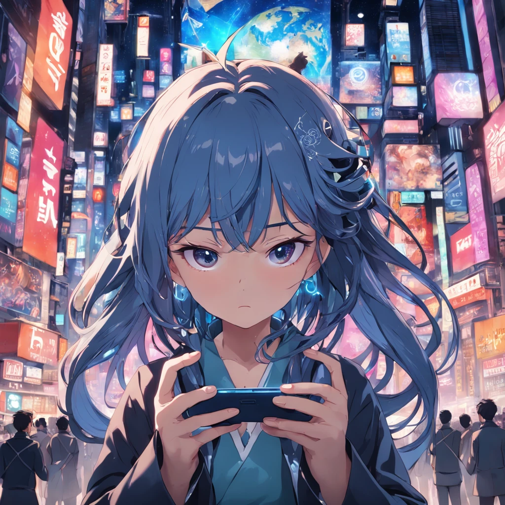 The person who displays the phone in the suite, Neural world map, (Hang different social media logos, messages, email, cellular phone)