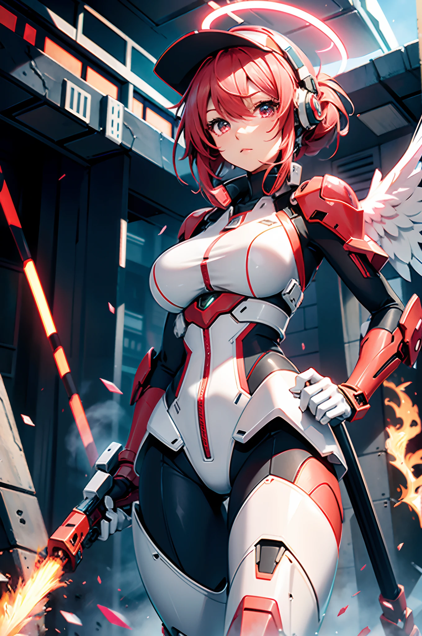 Futuristic style mech，The surface of the mech shimmered，Pink and red appearance，Kizi，Slim waist，Large breasts，Bigchest，big assa，Long flowing fiery red hair，Transparent visor，Nine-headed body，Forward stance，wielding longsword，With a weapon in his hand，long sword，The back has a tail wing，Spraying flames，Angel halo on your head，Surrounded by ruins，k hd，CG diagram，super wide shot，Gigantic