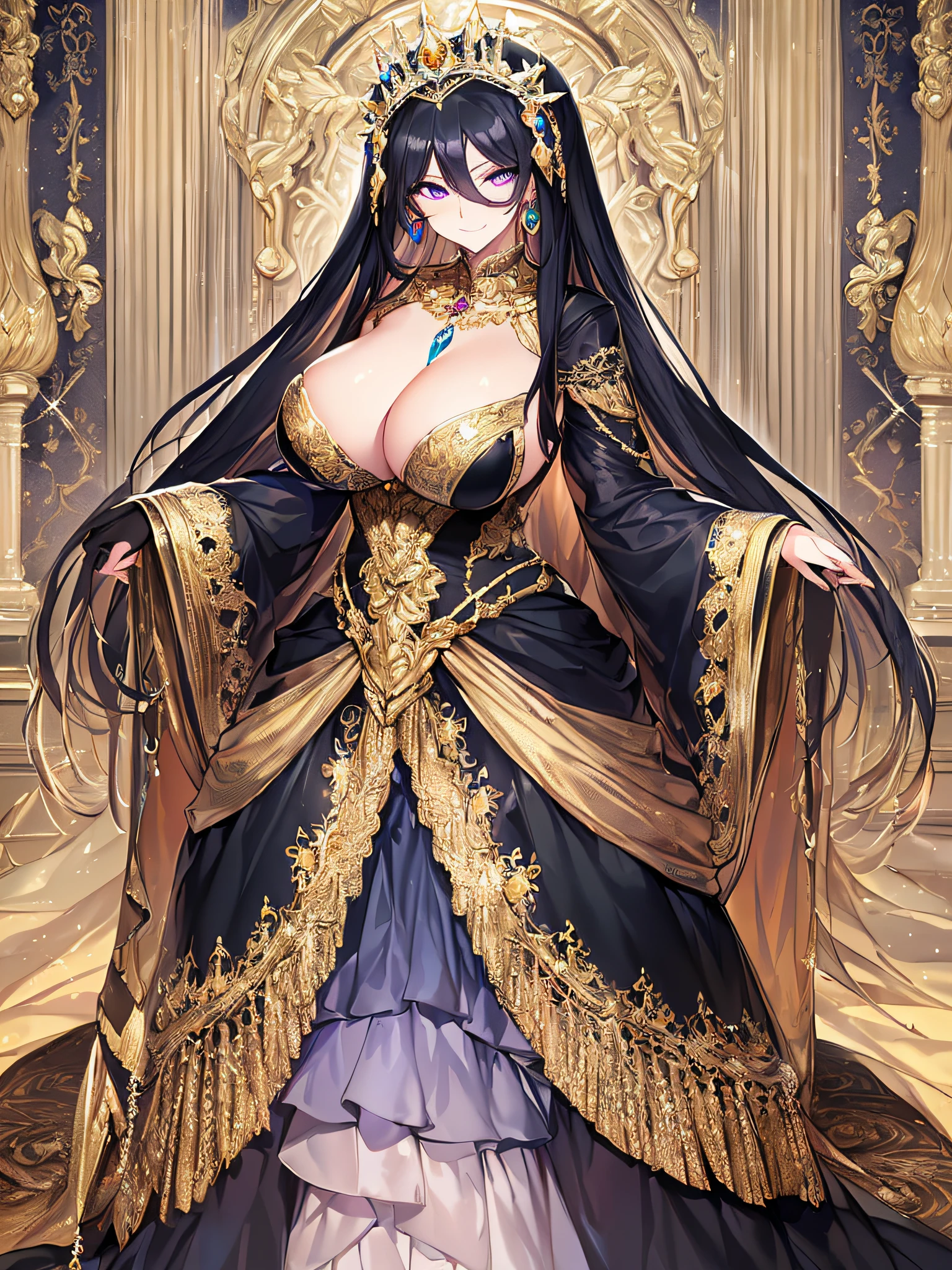 ((anime artstyle)),(Masterpiece),(Best Quality),(Super Detail),(Very Delicate and Beautiful),Solo,((full body)),from above,standing in the royal palace,((1 arrogant queen in BlingBling black and gold gorgeous rococo ballgown with gorgeous and voluminous full length hoop skirt)),(crinoline),gorgeousfull embroidery,Long train,((arrogant,haughty)),(((arrogant smile))),Sharp eyes,((gorgeous gemstone jewelry)),detailed face and eyes,jewel-like eyes,Purple eyes,(Bangs between eyes),((large amount of straight hair,extremely Long voluminous black Hair)),((gigantic tits,Long tits)),gorgeousfull embroidery,cleavage,extremely gorgeousfull hair ornament,(bling-bling extremely gorgeousfull jeweled tiara),gorgeous corsage,(Dynamic Angle),Looking at viewer,((full body)),((BlingBling black and gold gorgeous rococo ballgown with gorgeous and voluminous full length hoop skirt))