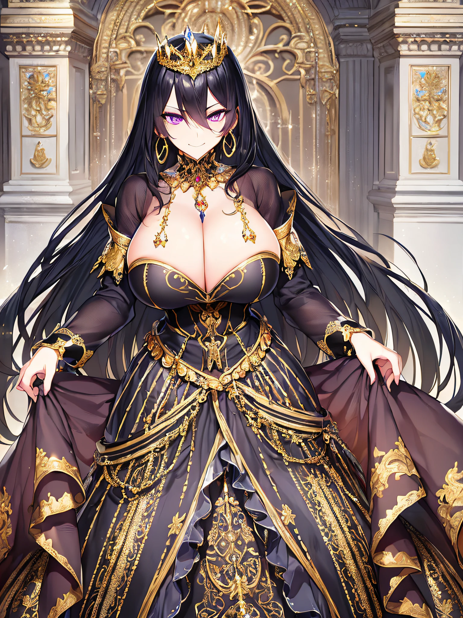 ((anime artstyle)),(Masterpiece),(Best Quality),(Super Detail),(Very Delicate and Beautiful),Solo,((full body)),from above,standing in the royal palace,((1 arrogant queen in BlingBling black and gold gorgeous rococo ballgown with gorgeous and voluminous full length hoop skirt)),(crinoline),gorgeousfull embroidery,Long train,((arrogant,haughty)),(((arrogant smile))),Sharp eyes,((gorgeous gemstone jewelry)),detailed face and eyes,jewel-like eyes,Purple eyes,(Bangs between eyes),((large amount of straight hair,extremely Long voluminous black Hair)),((gigantic tits,Long tits)),gorgeousfull embroidery,cleavage,extremely gorgeousfull hair ornament,(bling-bling extremely gorgeousfull jeweled tiara),gorgeous corsage,(Dynamic Angle),Looking at viewer,((full body)),((BlingBling black and gold gorgeous rococo ballgown with  gorgeous and voluminous full length hoop skirt))