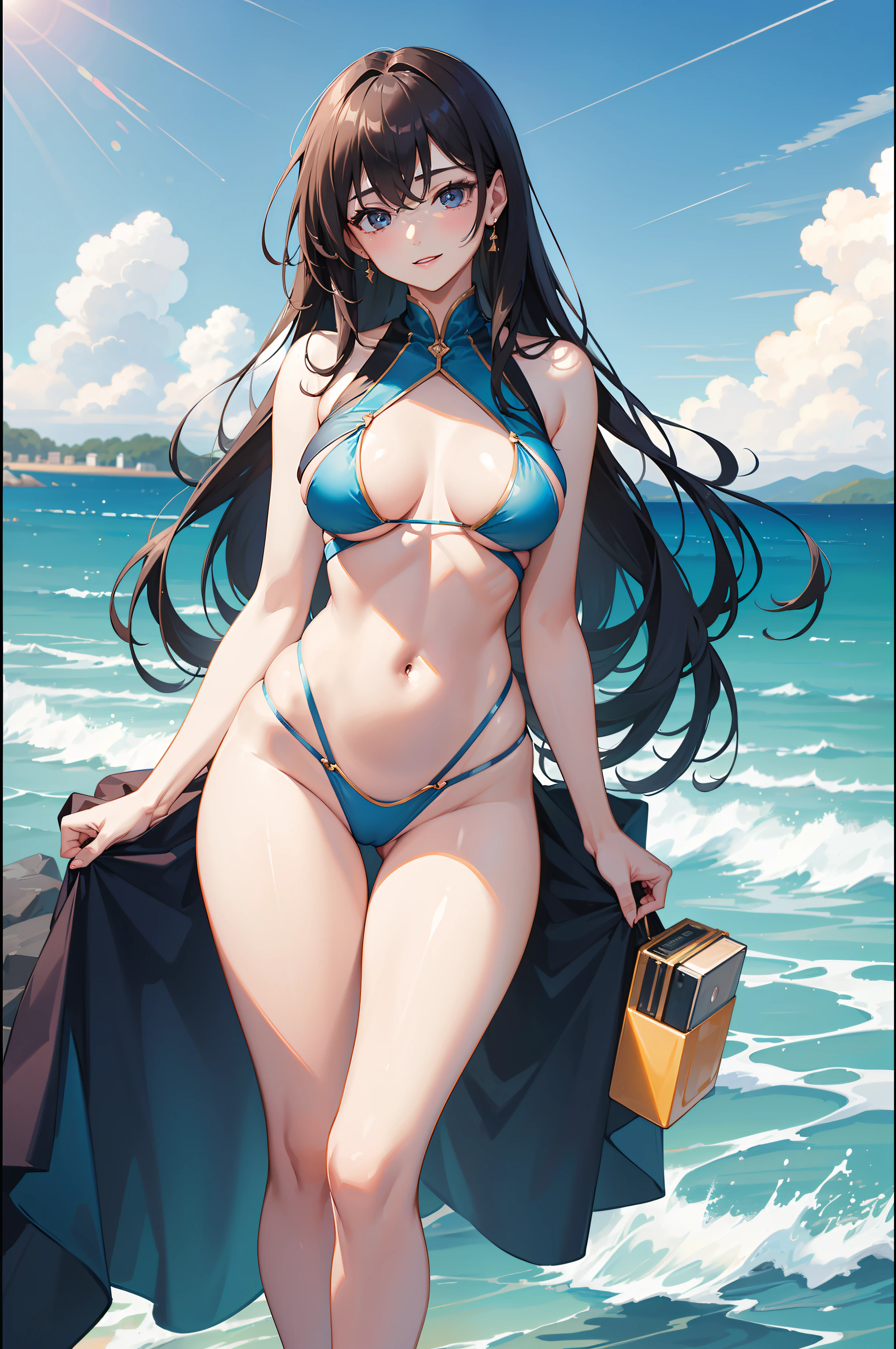 Sexy close-up shot of a beautiful woman, the cutest 20-year-old beauty, charming smile, ((background is a seaside resort)), ((very long hair)), ((skimpy resort fashion)) , ((full chest)), gradient eyes, seductive makeup, show lighting, single perspective, canon, nffsw, retina, masterpiece, accurate, anatomically correct, textured skin, super detail, high detail , High Quality, Award Winning Yes, Highest Quality, High Definition, 1080p, Hard Disk, 4K, 8K, 16K
