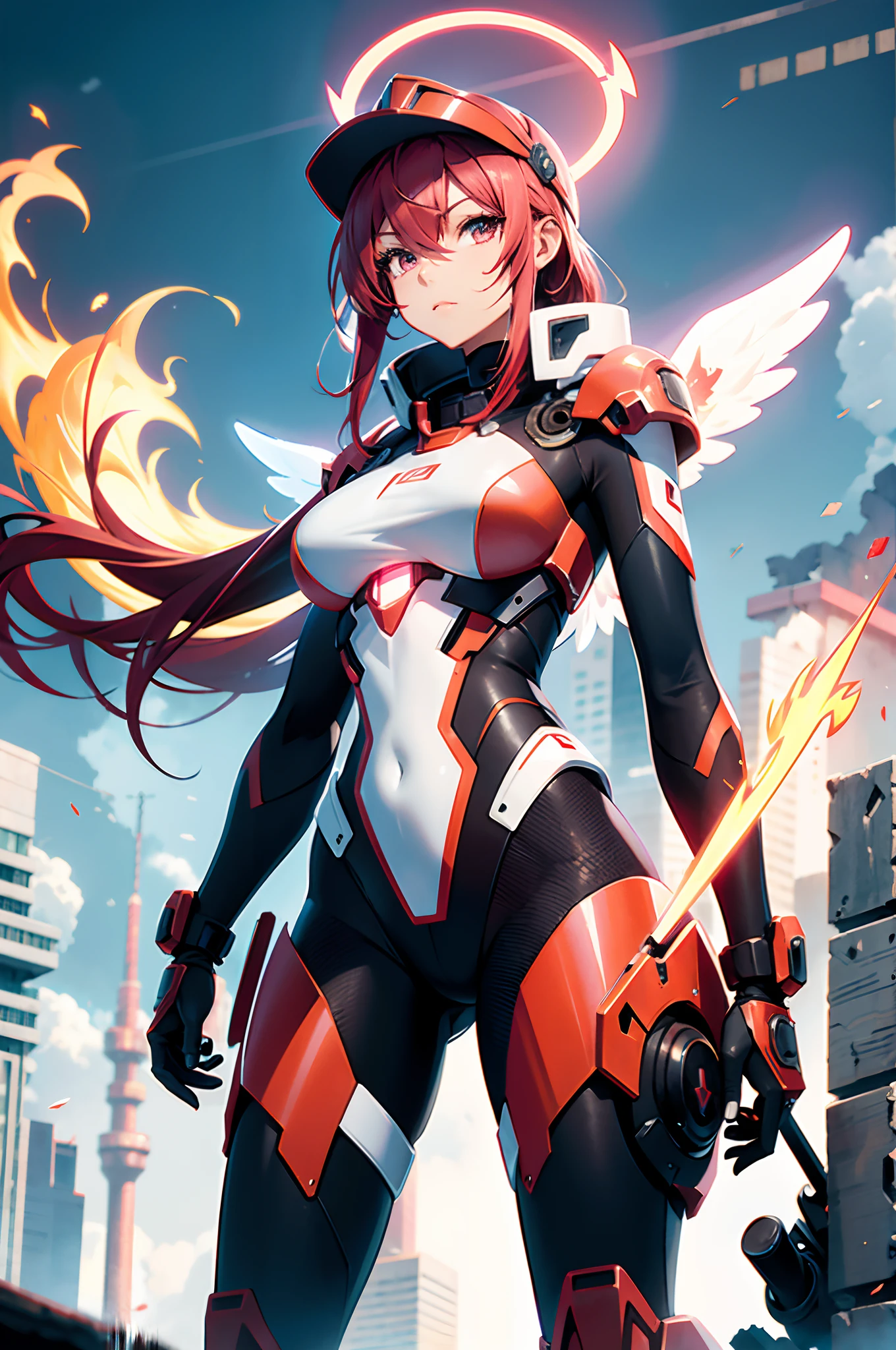 Futuristic style mech,The surface of the mech shimmered,Pink and red appearance,Kizi,Slim waist,Large breasts,Bigchest,big assa,Long flowing fiery red hair,Transparent visor,Nine-headed body,Forward stance,wielding longsword,With a weapon in his hand,long sword,The back has a tail wing,Spraying flames,Angel halo on your head,Surrounded by ruins,k hd,CG diagram,super wide shot,Gigantic