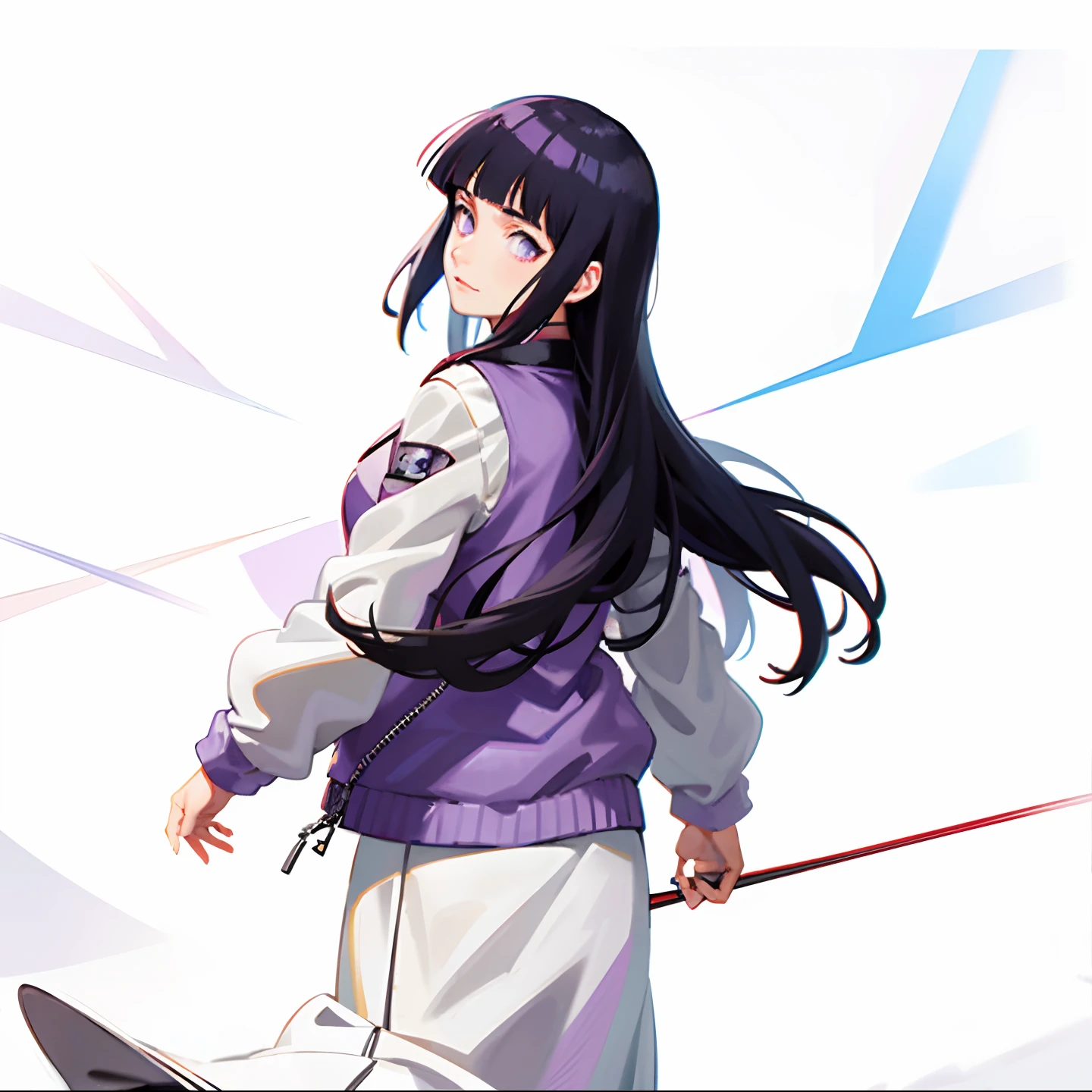 a close up of a person in a purple jacket and long white skirt, hinata hyuga, hinata hyuga from naruto, from behind, look back