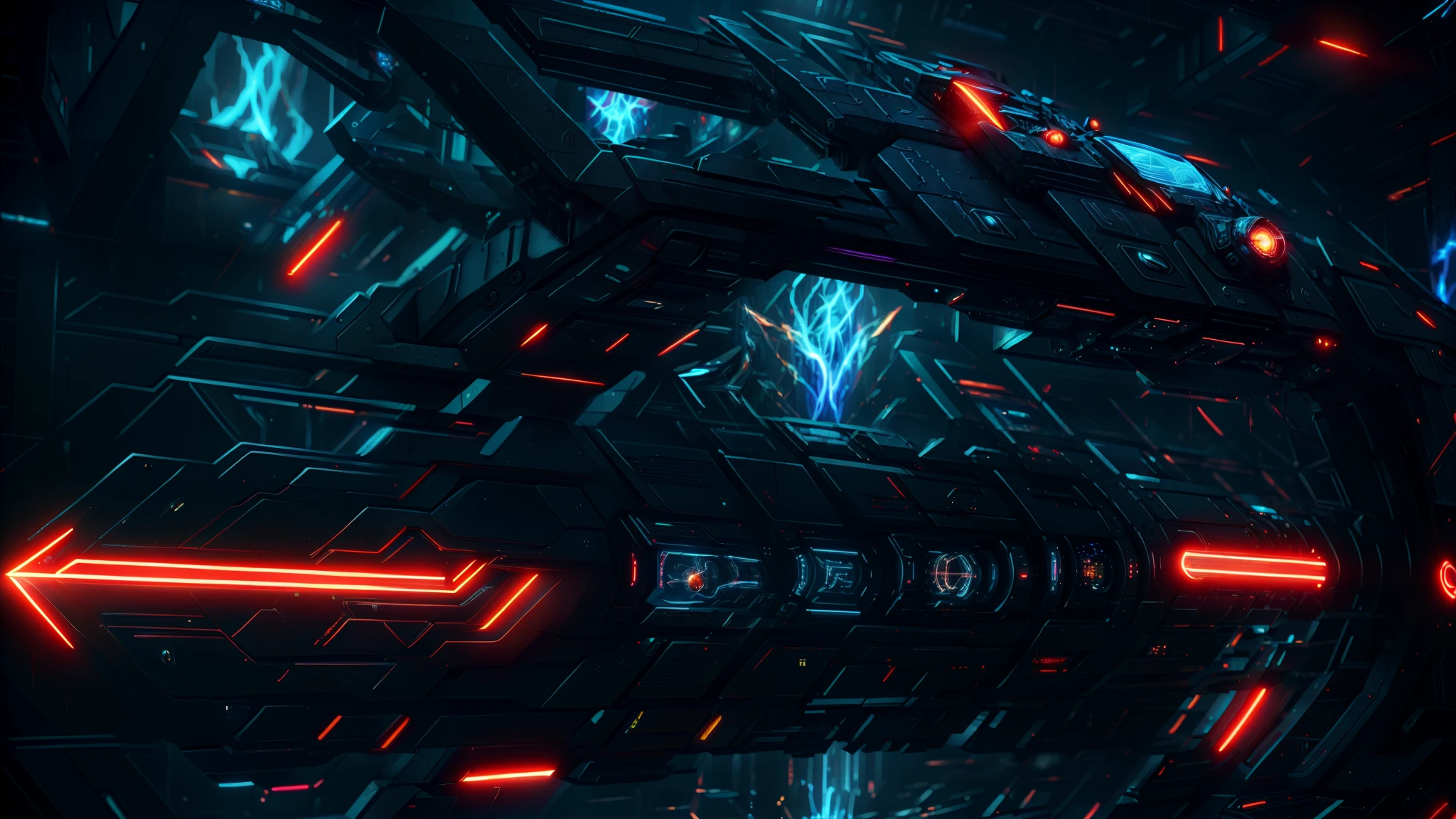 tmasterpiece:1.3,Close-up of the spaceship, glowing interior components, ambient lighting from top, luminous cockpit, detailed ambient lighting, Futuristic product shooting, red and cinematic lighting, daniel maidman octane rendering, red neon lights inside it, mysterious ambient lighting, stunning visuals with rtx on, indoor background, the console is tall and imposing,8K