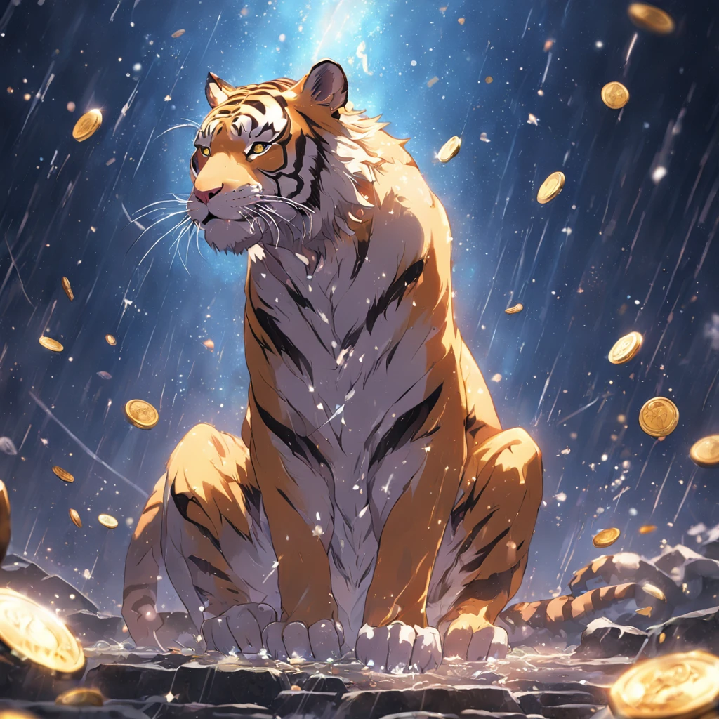 a tiger、one tiger、waxing moon、Gold coins rain down, Surrealism, Realism, Verism, sparkle, cinematic lighting, sparkle, god rays, UHD, masterpiece, ccurate, super detail, high details, high quality, best quality, highres, anatomically correct