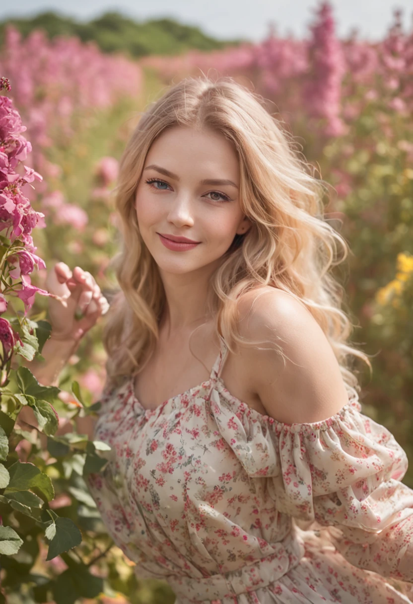 (masutepiece, Vivid portrait:1.3), (Seductive depiction of a blonde woman:1.2), (Canon EOS 5D Mark IV Camera, Famous for capturing vibrant colors and rich textures:1.2), (Paired with Canon EF 35mm F/1.4L II USM lens for versatile compositions:1.2), (Flowing, voluminous blonde hair caught in the breeze, Adding dynamism:1.1), (Glowing blue eyes reflecting the shade of the sky:1.1), (A perfect face that exudes perfection:1.1), (Knee-length sundress full of kaleidoscopes of colors:1.1), (Her cheerful smile radiating pure happiness:1.1), (Playful movements of the dress to capture the light:1.1), (A mix of wildflowers to create a vibrant backdrop:1.1), (Sunlit fields depicting a joyful atmosphere:1.1), (The sensor of the camera is、Captures the intricate texture of her hair and fabric:1.1), (Lenses that highlight her seductive smile and vibrant outfit:1.1), (A moment to capture carefree joy in nature:1.1), (The synergy of color and emotion in one frame:1.1), (Portrait capturing the essence of the radiant spirit in a blooming landscape:1.1)One lady