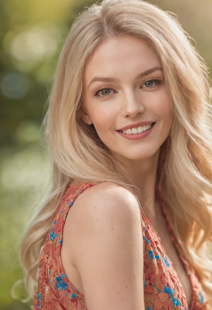 (masutepiece, Vivid portrait:1.3), (Seductive depiction of a blonde woman:1.2), (Canon EOS 5D Mark IV Camera, Famous for capturing vibrant colors and rich textures:1.2), (Paired with Canon EF 35mm F/1.4L II USM lens for versatile compositions:1.2), (Flowing, voluminous blonde hair caught in the breeze, Adding dynamism:1.1), (Glowing blue eyes reflecting the shade of the sky:1.1), (A perfect face that exudes perfection:1.1), (Knee-length sundress full of kaleidoscopes of colors:1.1), (Her cheerful smile radiating pure happiness:1.1), (Playful movements of the dress to capture the light:1.1), (A mix of wildflowers to create a vibrant backdrop:1.1), (Sunlit fields depicting a joyful atmosphere:1.1), (The sensor of the camera is、Captures the intricate texture of her hair and fabric:1.1), (Lenses that highlight her seductive smile and vibrant outfit:1.1), (A moment to capture carefree joy in nature:1.1), (The synergy of color and emotion in one frame:1.1), (Portrait capturing the essence of the radiant spirit in a blooming landscape:1.1)One lady