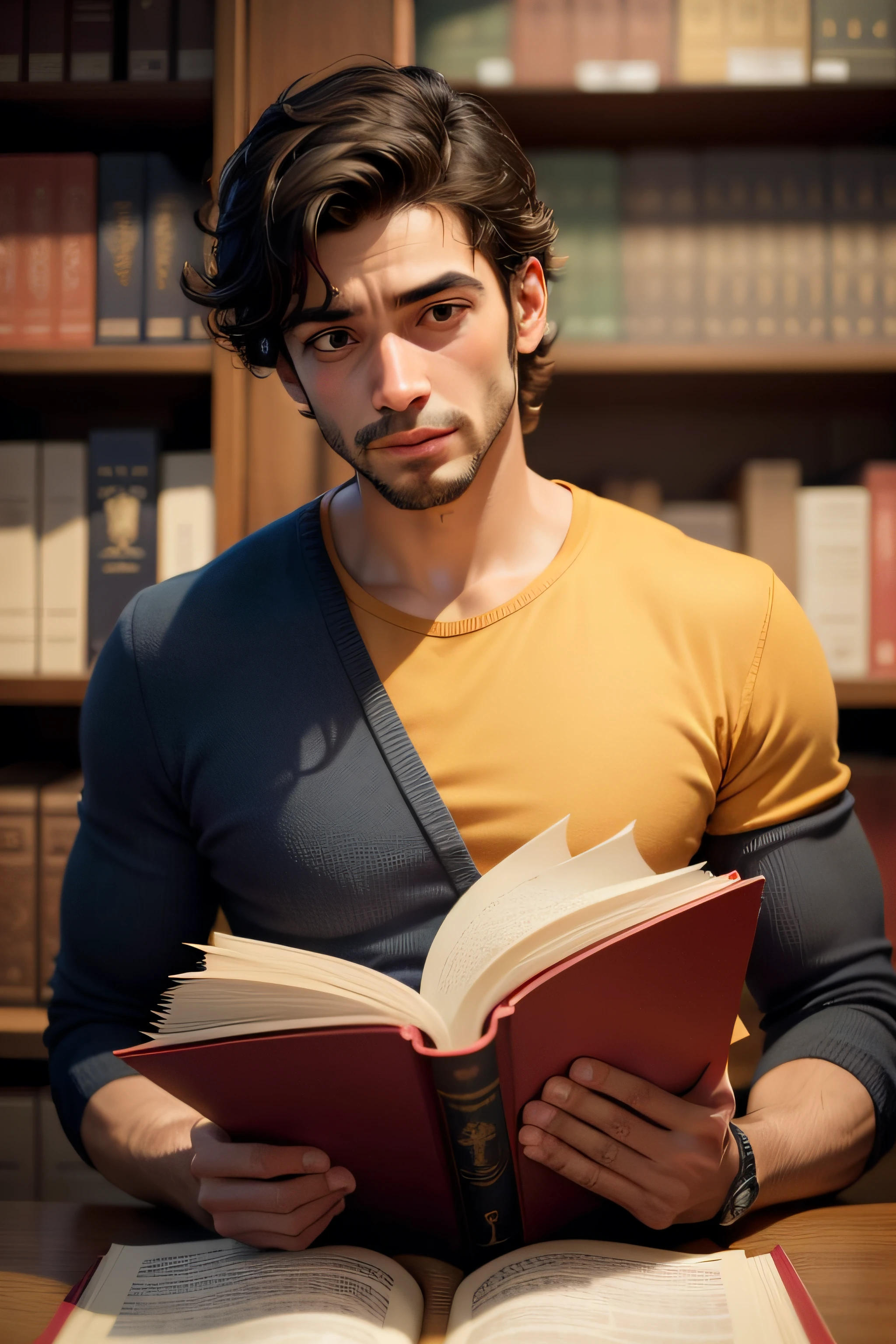 um homem em cima de uma pilha de livros