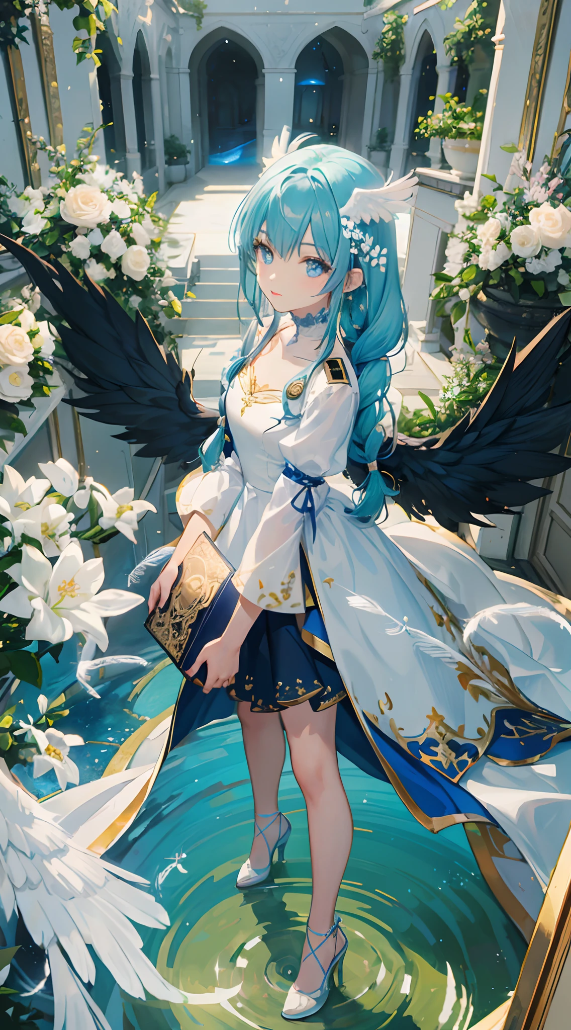 (looking-down),Dynamic Angle,ultra-detailliert, illustratio, gros-plan, Straight, One girl, (Fantasia:1.4), azure eyes,Very beautiful eyes,(Light blue hair:1.14),(Long hair,Braids,hair between eye,side locks), (+(White feathers:1.14)),(Chiffon dress,Blue floral pattern on uniform)(no sleeves),a choker,high-heels,Pink lips,(to stand), (classical Princess boudoir with dressing tableand french windowin a white ancient palaces),(white blossoms),(a dull blue world tree:1.14),Dreamy,(fluorescent),[Delicate fingers and hands:0.55],(Fine fingers),((Black Angel Wings)),((Holding a light blue book with both hands))