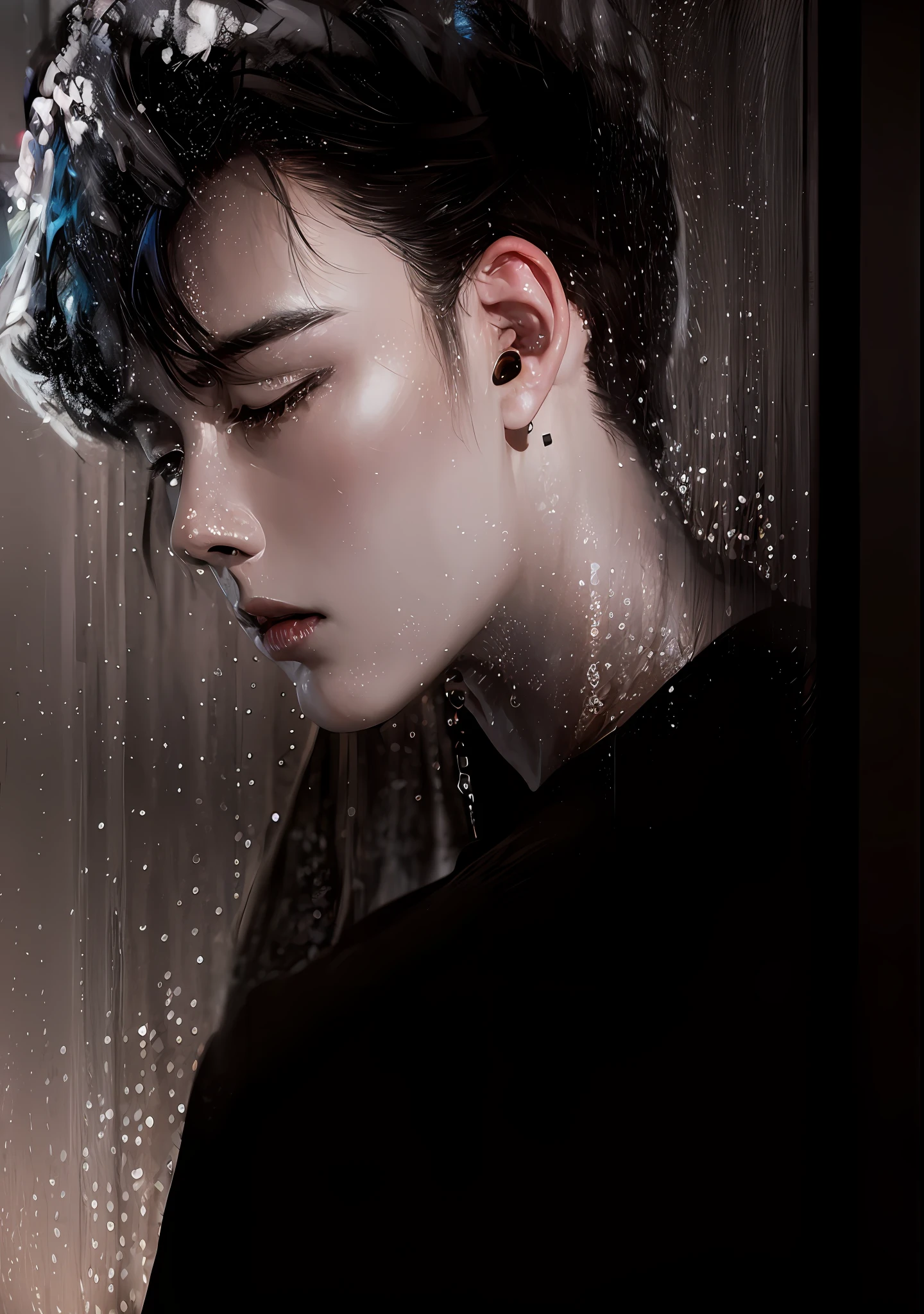 There was a handsome man standing in front of the window, glossy from rain, rained, water dripping off him, Wang Yibo, Big handsome guy, Invincible big handsome guy, Unparalleled beauty, raining portrait, like a catalog photograph, profile shot, side profile shot, tears in the rain, soft light from the side, [ Realistic photo ]!! , window ( rain ), under rain, ink wash style