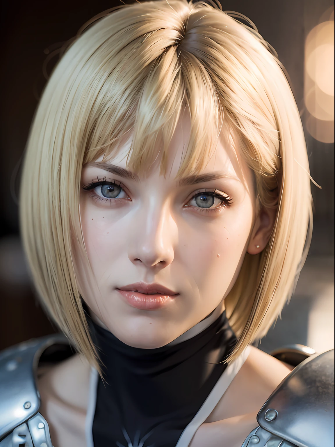 (masterpiece, best quality:1.4), (close up:1), clare, grey eyes, armor, bodysuit, blonde hair , sweat smile, 1girl, beautiful face, (highly detailed face), highly detailed eyes, highly detailed skin, skin pores, subsurface scattering, realistic pupils, medium breast, full face blush, full lips, detailed background, depth of field, volumetric lighting, sharp focus, absurdres, realistic proportions, good anatomy, (realistic, hyperrealistic:1.4), 16k hdr,